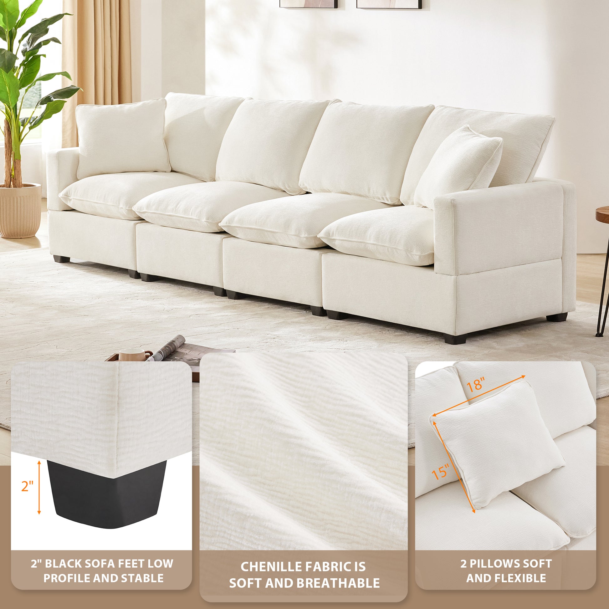 110*29" Modern Modular Sofa, 4 Seat Chenille Sectional Couch Set With 2 Pillows Included, Freely Combinable Indoor Funiture For Living Room, Apartment, Office, 2 Colors White Chenille 4 Seat