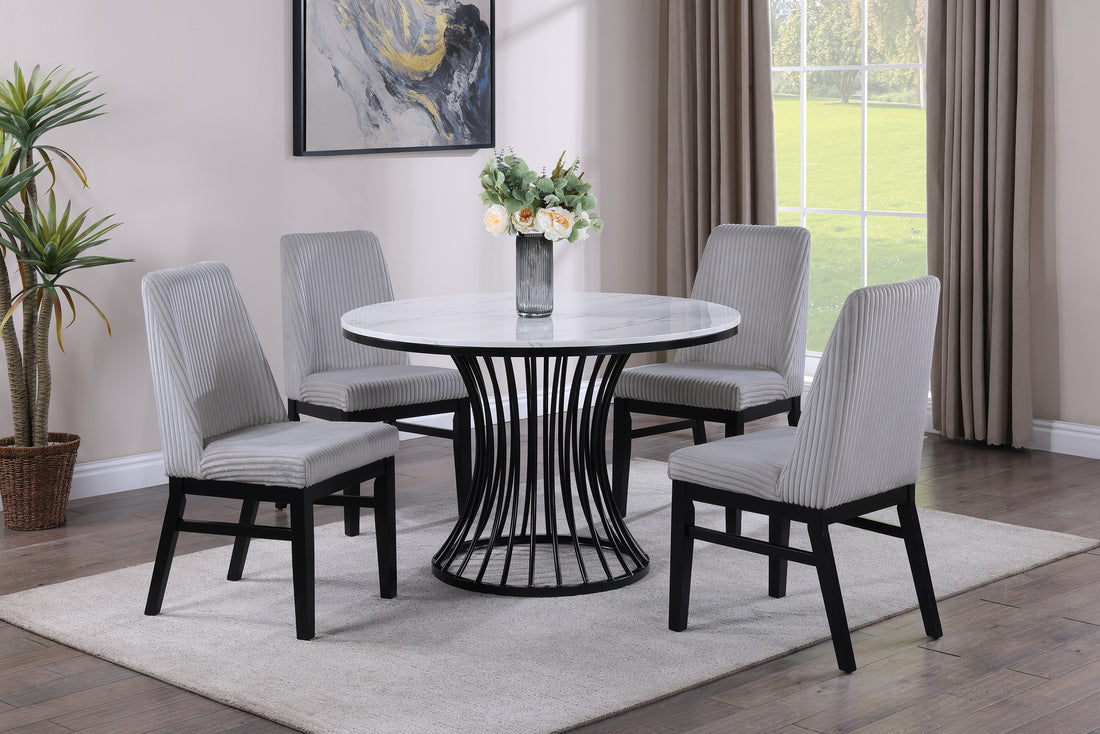 5Pc Dining Set Contemporary Modern Style White Faux Marble Round Table Cage Like Base Light Gray Fabric Upholstery Dining Wooden Furniture Black Finish Upholstered Chair Wood Black,Light Gray,White