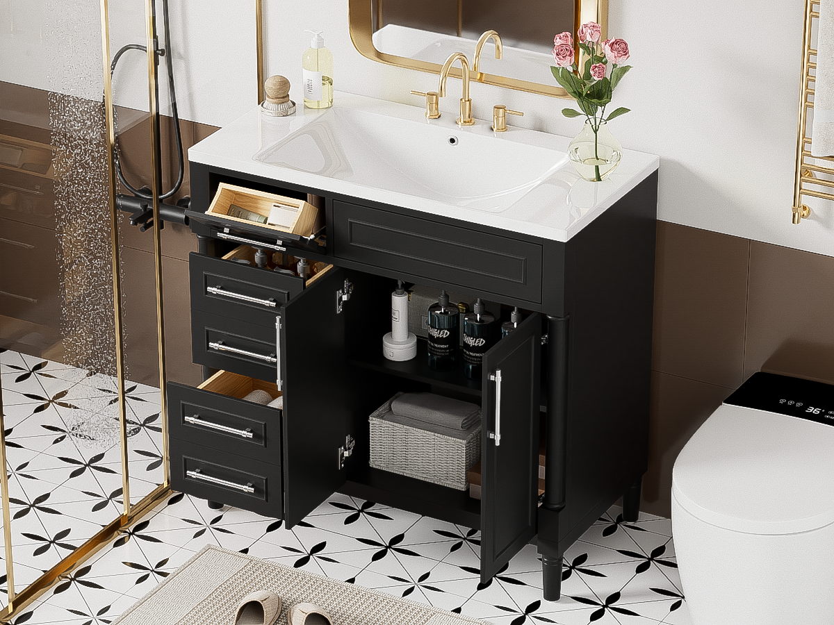 36'' Bathroom Vanity With Top Resin Sink, Freestanding Bathroom Storage Cabinet With 2 Drawers And A Tip Out Drawer, Solid Wood Frame Vanity Set, Height Adjustable Shelf 3 Black 2 2 Adjustable