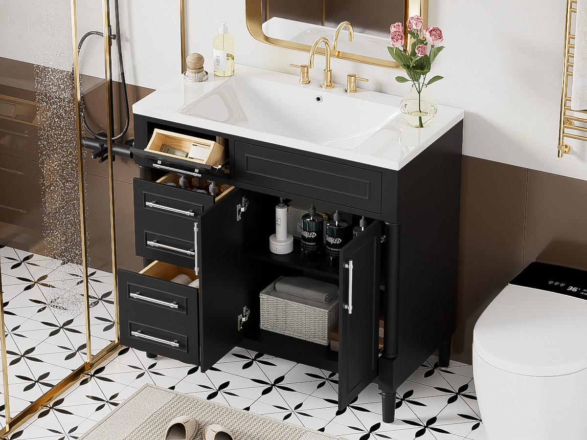 36'' Bathroom Vanity With Top Resin Sink, Freestanding Bathroom Storage Cabinet With 2 Drawers And A Tip Out Drawer, Solid Wood Frame Vanity Set, Height Adjustable Shelf Black Bathroom Solid Wood