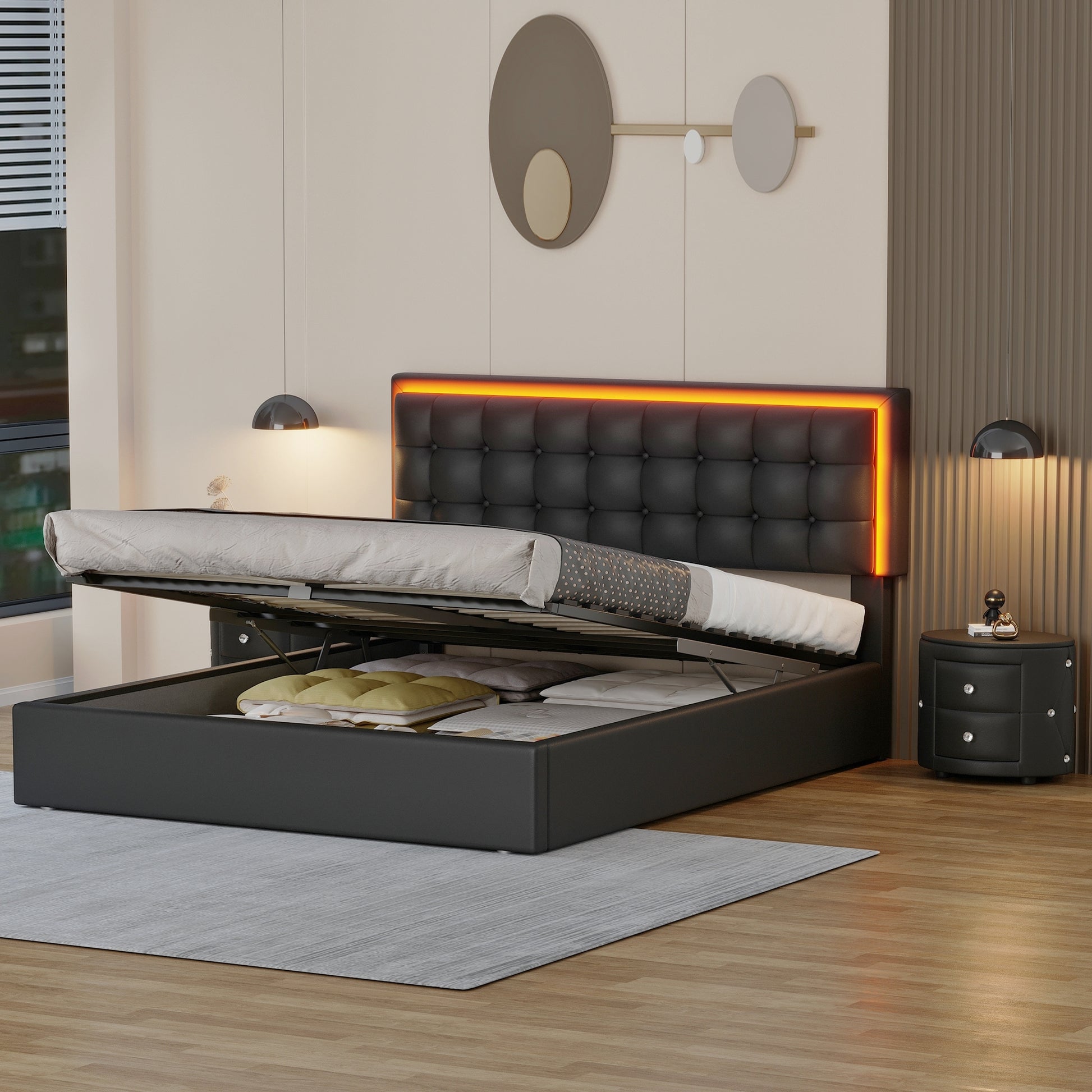 3 Pieces Bedroom Sets,Queen Size Upholstered Bed With Led Lights,Hydraulic Storage System, Two Nightstands With Crystal Decoration,Black Queen Black 3 Piece Set Wood