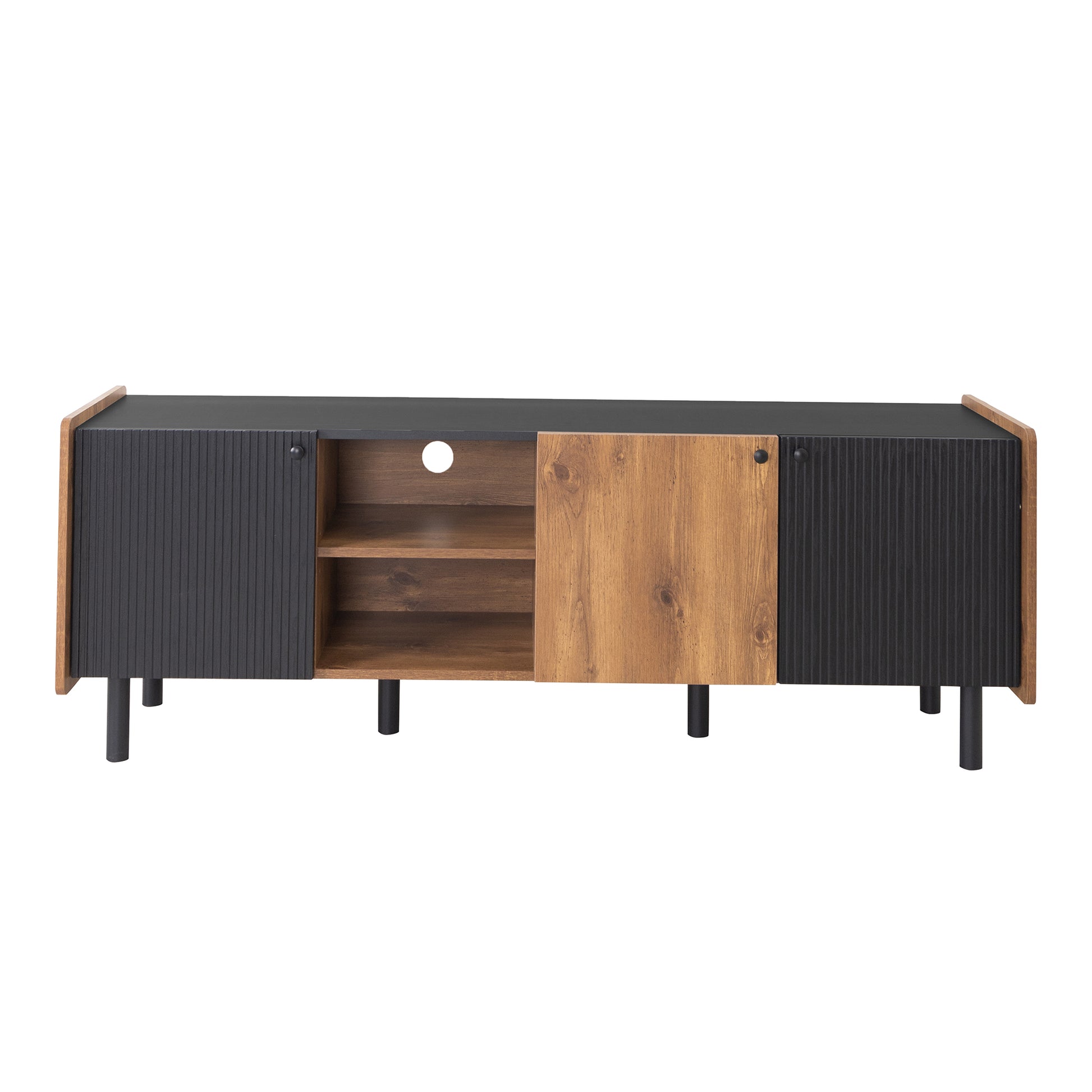 Mid Century Tv Stand With 3 Cabinets, Media Console Table For Tvs Up To 70'', Entertainment Center With Storage For Living Room, Bedroom, Home Theatre Black Brown Primary Living Space 60 69 Inches