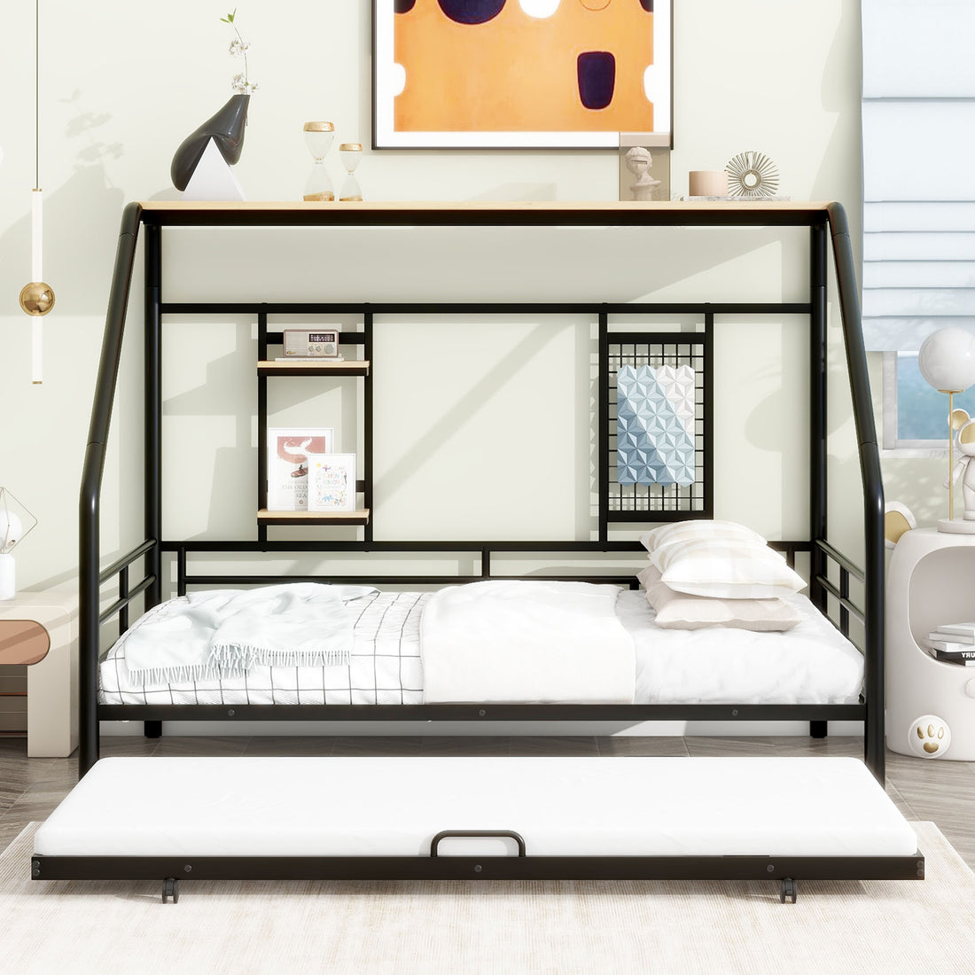 Full Size Metal House Bed With Trundle, Black Full Black Metal