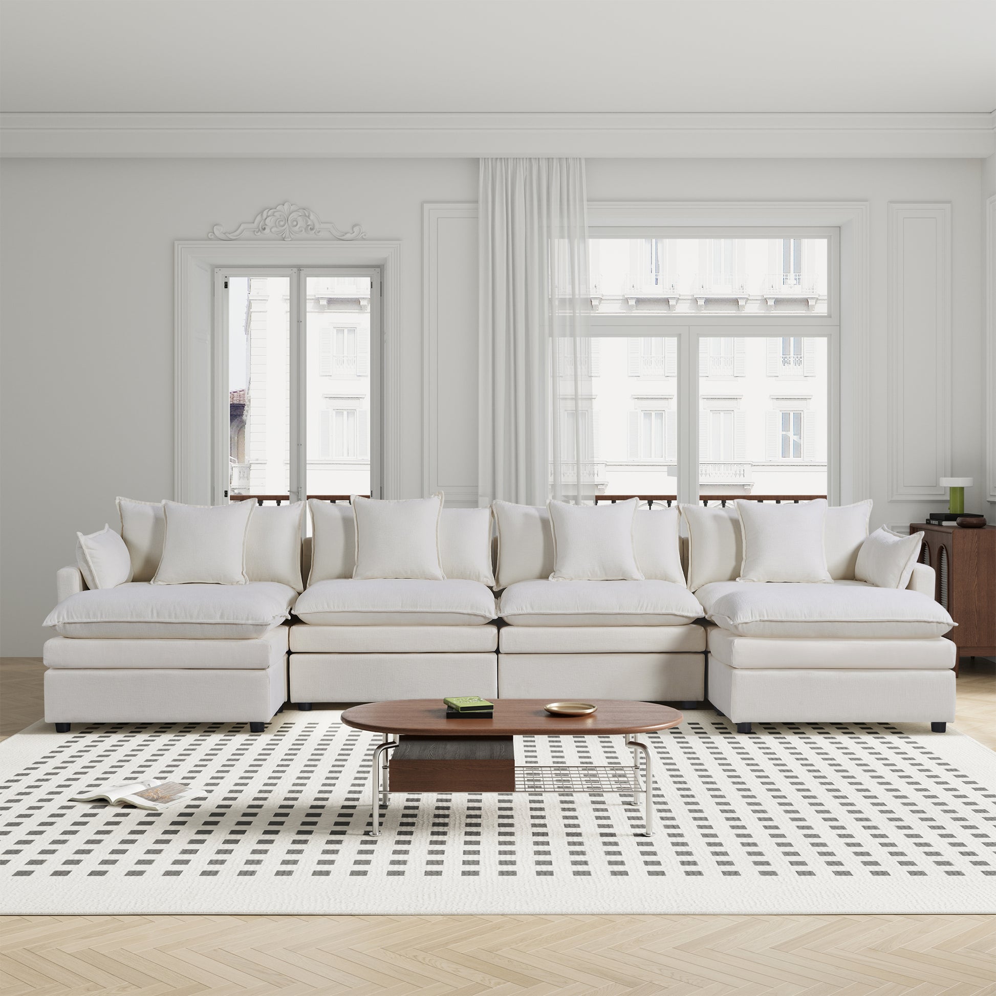142.52"Modern Chenille U Shaped Sectional Sofa With Convertible Chaise, Comfy Cloud Couch Deep Sectional Sofa With Ottomans For Living Room White Wood Foam Chenille 4 Seat