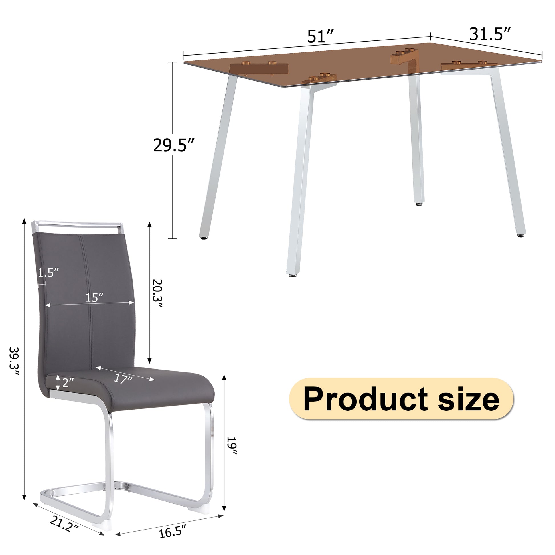 1 Table And 4 Chairs, Brown Tempered Glass Tabletop And Silver Metal Legs, Modern Minimalist Style Rectangular Glass Dining Table, Paired With 4 Modern Silver Metal Leg Chairs. 1123C 1162 Brown Seats 4 Glass