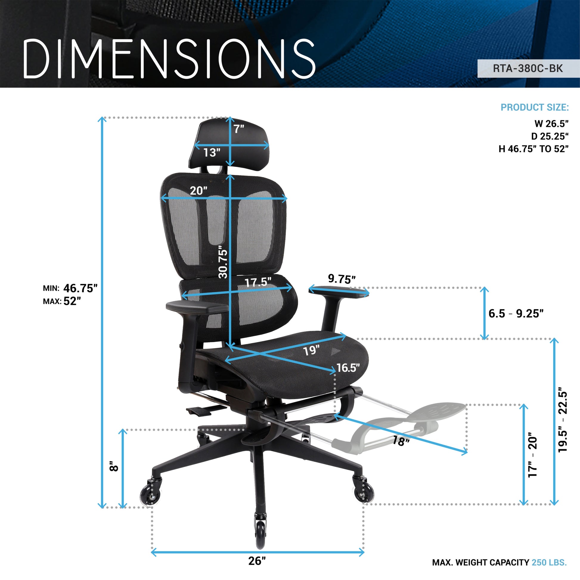 Techni Mobili Ultimate Reclining Ergonomic Mesh Office Chair With Lumbar Support And Footrest Black Office Spot Clean Modern Office Chairs Open Back Adjustable Height Mesh