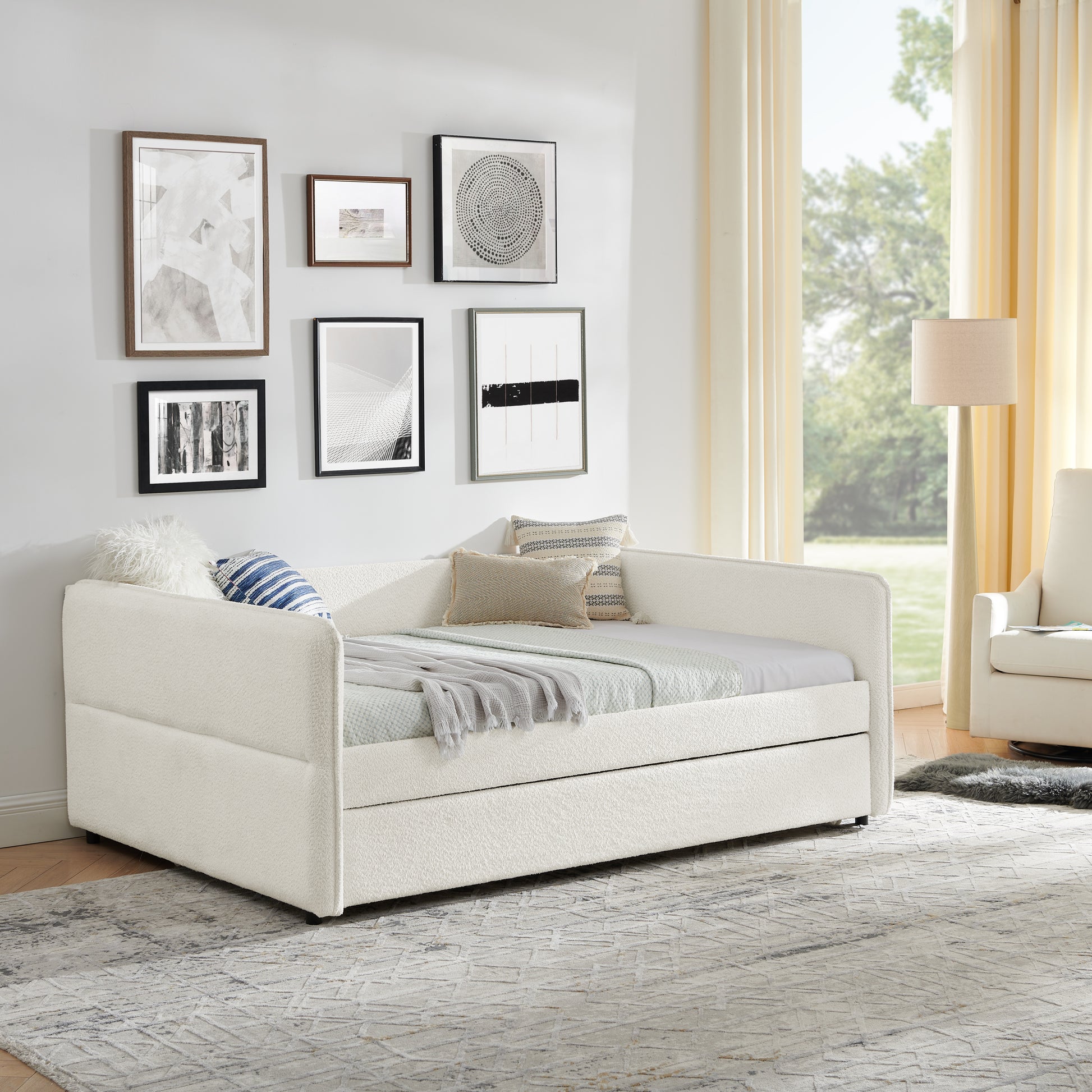 Daybed With Trundle Upholstered Tufted Sofa Bed, Full Size, Boucle Fabric, Beige 83"X58.5"X29.5" Beige Boucle