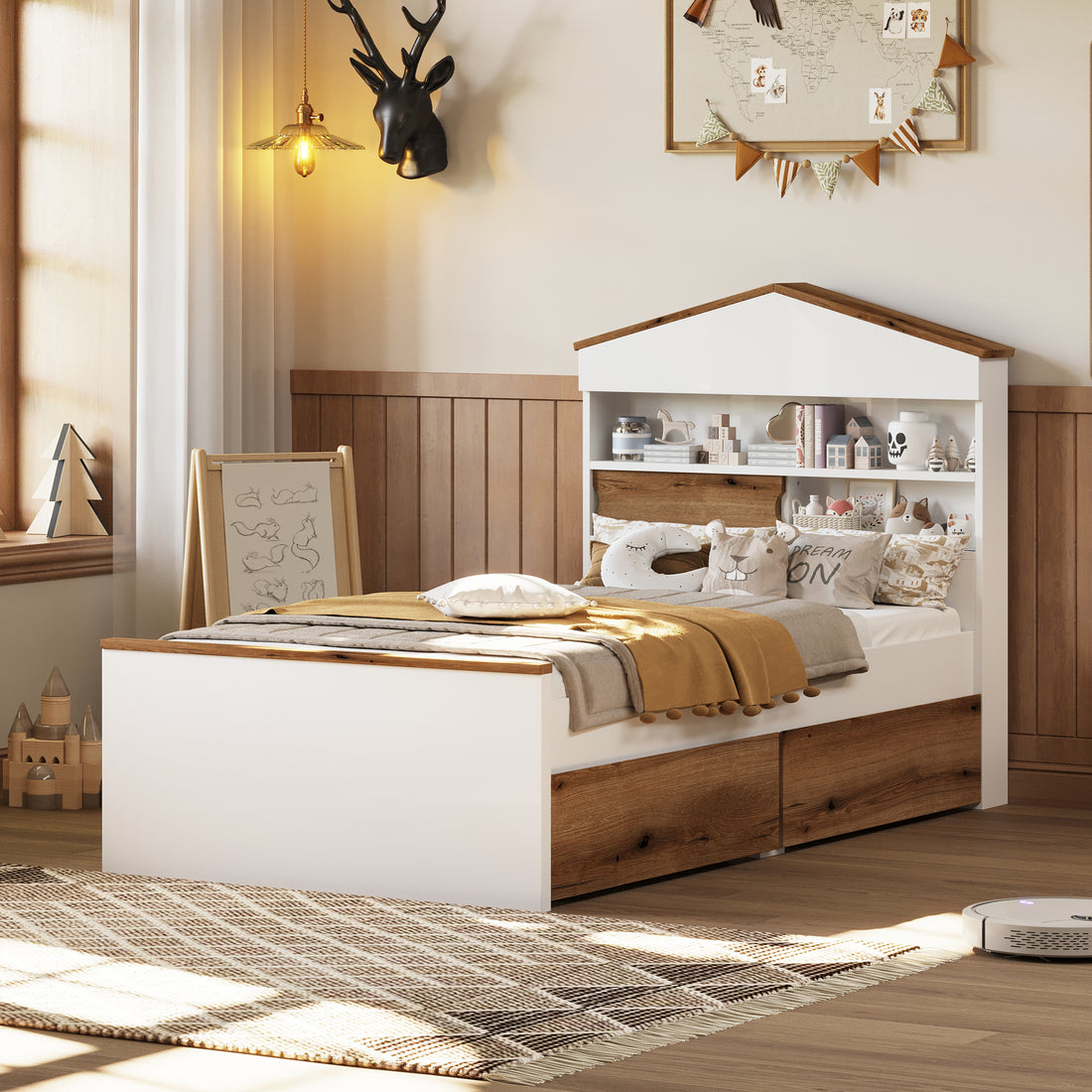 Twin Size House Shaped Wooden Bed With Storage Shelf On The Headboard, Built In Two Storage Drawers, Brown Brown White Wood