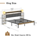 King Bed Frame With Storage, Platform Bed King Size With Led Lights And Charging Station, Dark Gray Velvet Headboard With Bookcase Shelves, No Box Spring Needed, Noise Free Box Spring Not Required