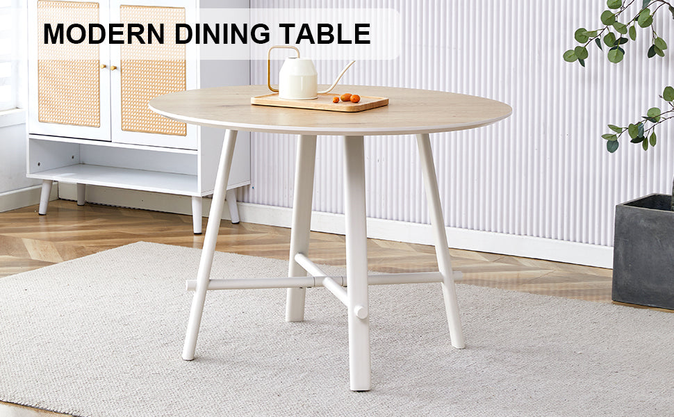 A Modern And Minimalist Circular Dining Table With A 42 Inch Diameter Wood Colorer Patterned Tabletop And White Metal Legs. Suitable For Restaurants, Living Rooms, And Conference Rooms. Brown White Mdf Metal