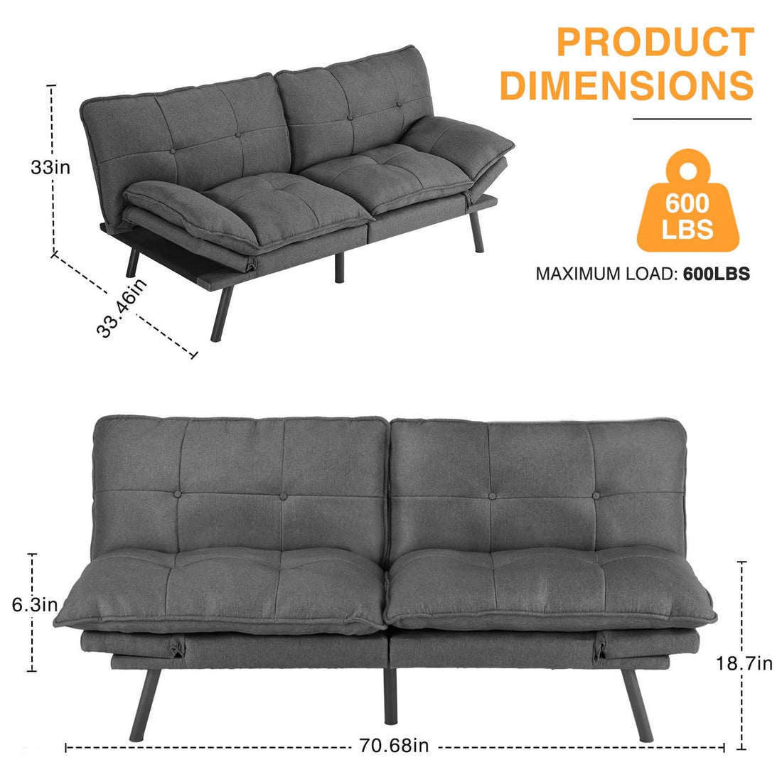 Sofa Bed, Living Room Sofa Bed, Folding Furniture, Convertible Full Size Sofa With Adjustable Back And Armrests, Linen, Dark Grey Gray Linen 3 Seat