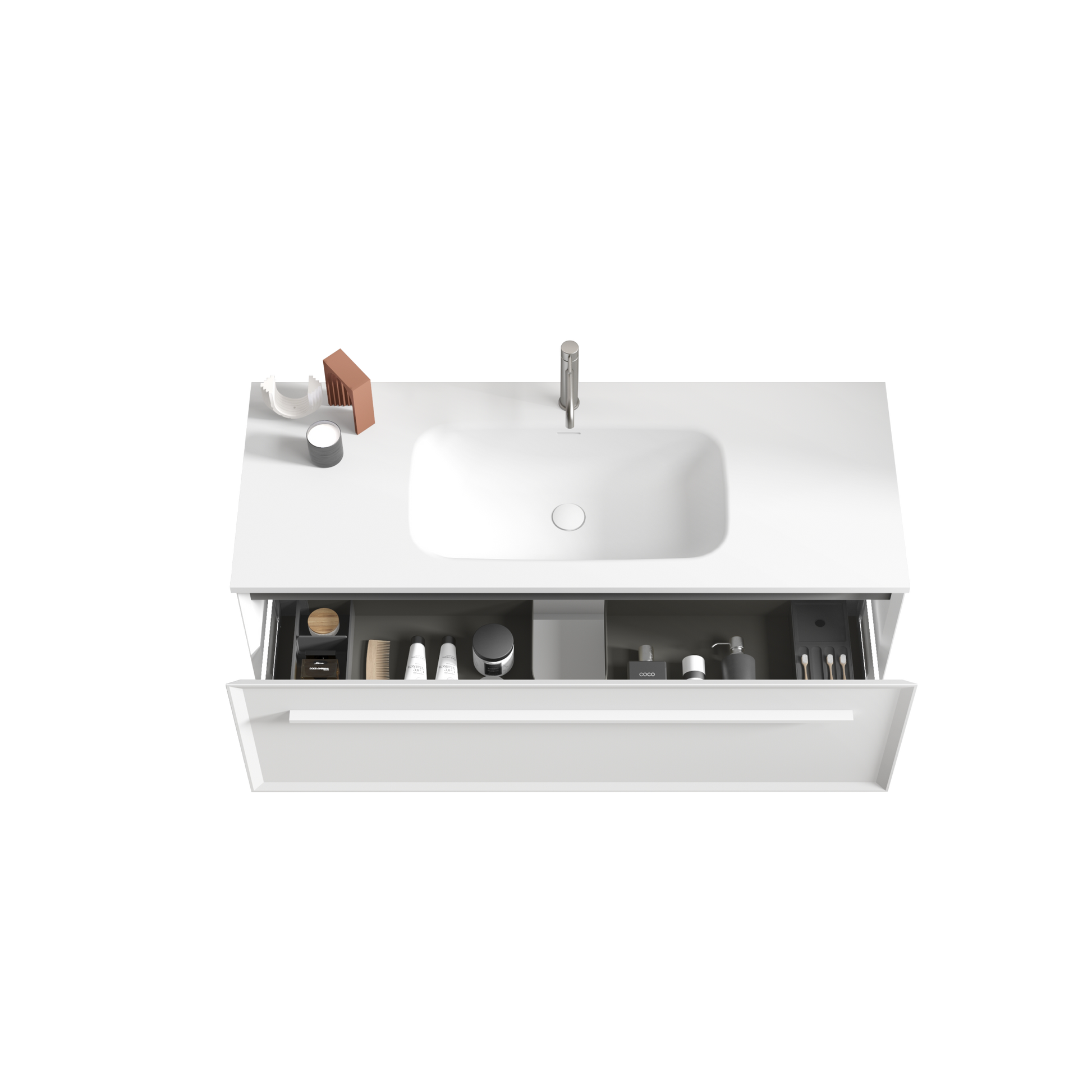 U051 Nevia48W 206 Nevia 48" Matt Snow White Bathroom Vanity With White Solid Surface Sink, Wall Mounted Floating Bathroom Vanity For Modern Bathroom, One Piece White Basin Without Drain, Pre Assembled White Bathroom Modern Plywood