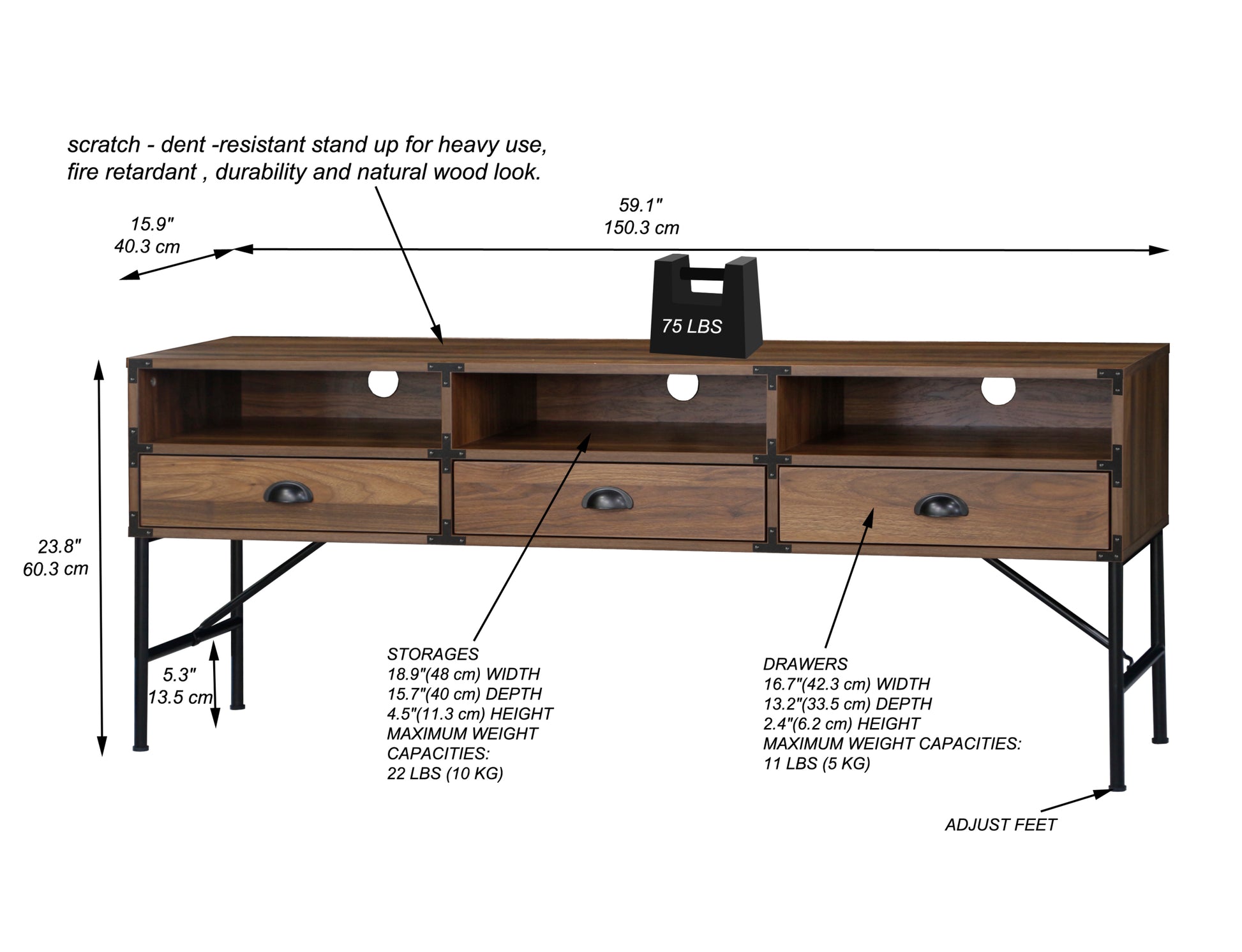 59" Tv Stand "Chic Walnut Media Console With Cable Management And Adjustable Metal Feet Walnut Solid Wood