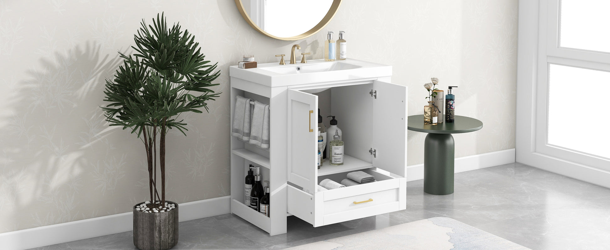 30'' Bathroom Vanity With Seperate Basin Sink, Modern Bathroom Storage Cabinet With Double Sided Storage Shelf, Freestanding Bathroom Vanity Cabinet With Single Sink 1 White Adjustable Hinges Bathroom Freestanding Solid Wood Mdf Resin Painted