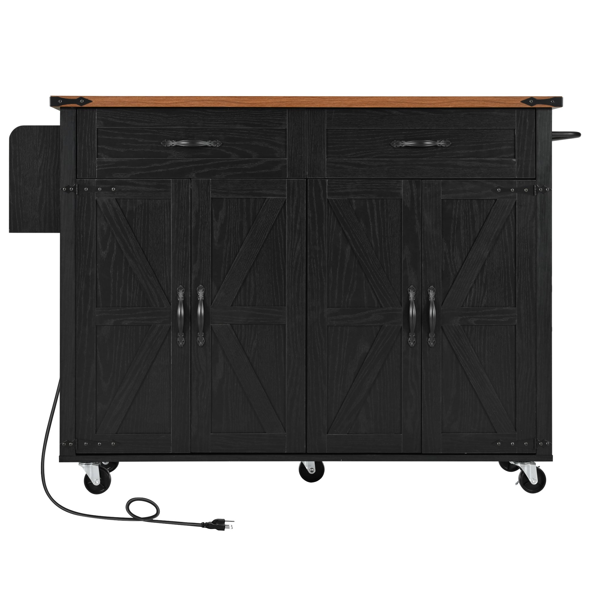 K&K 53.5''Farmhouse Kitchen Island With Power Outlet, Kitchen Storage Island With Drop Leaf, Spice Rack And Drawer, Rolling Kitchen Cart On Wheels, For Home, Kitchen And Dining Room, Black Black