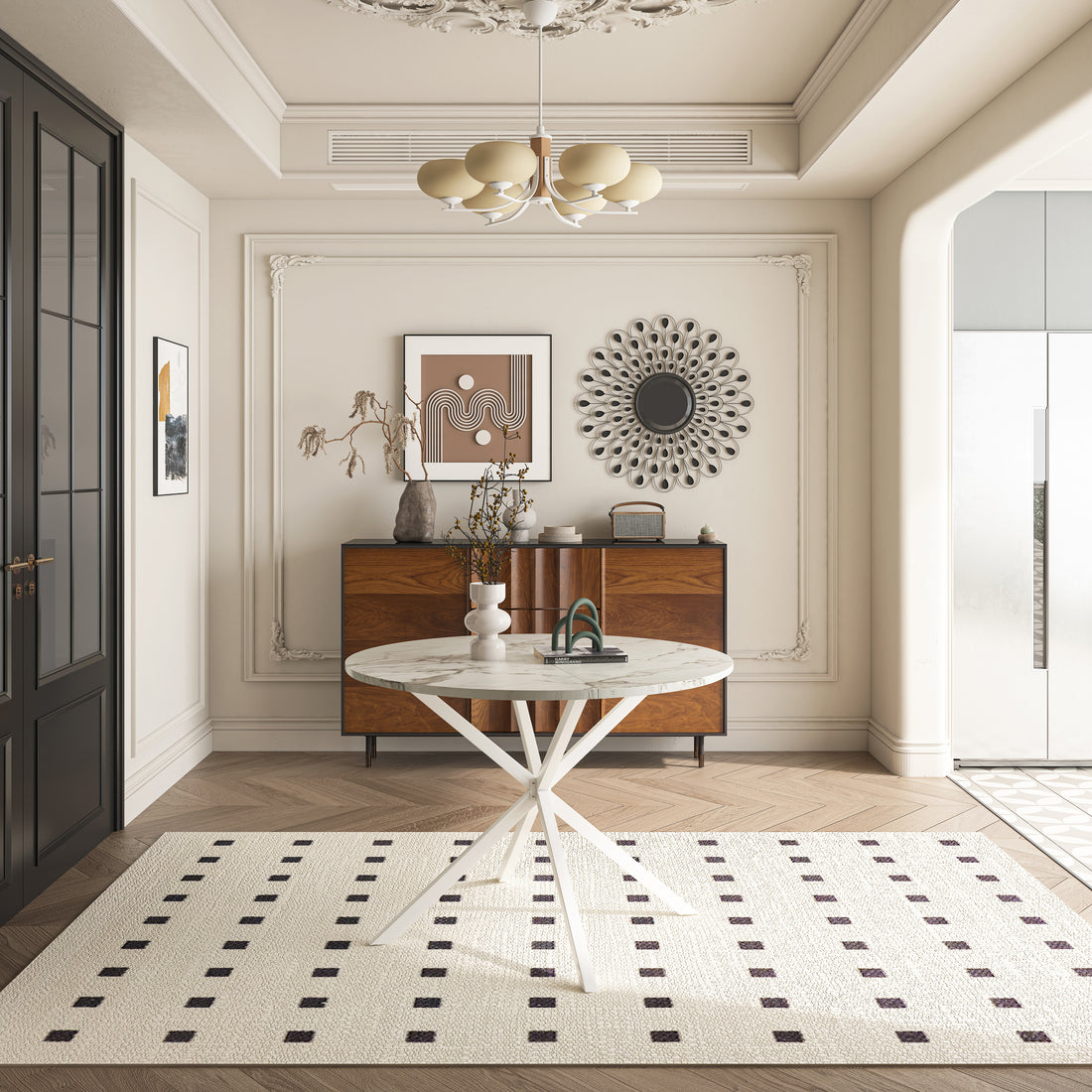 42.13'' Modern Cross Leg Round Dining Table, White Marble Top Occasional Table, Two Piece Removable Top, Matte Finish Iron Legs White Mdf Metal