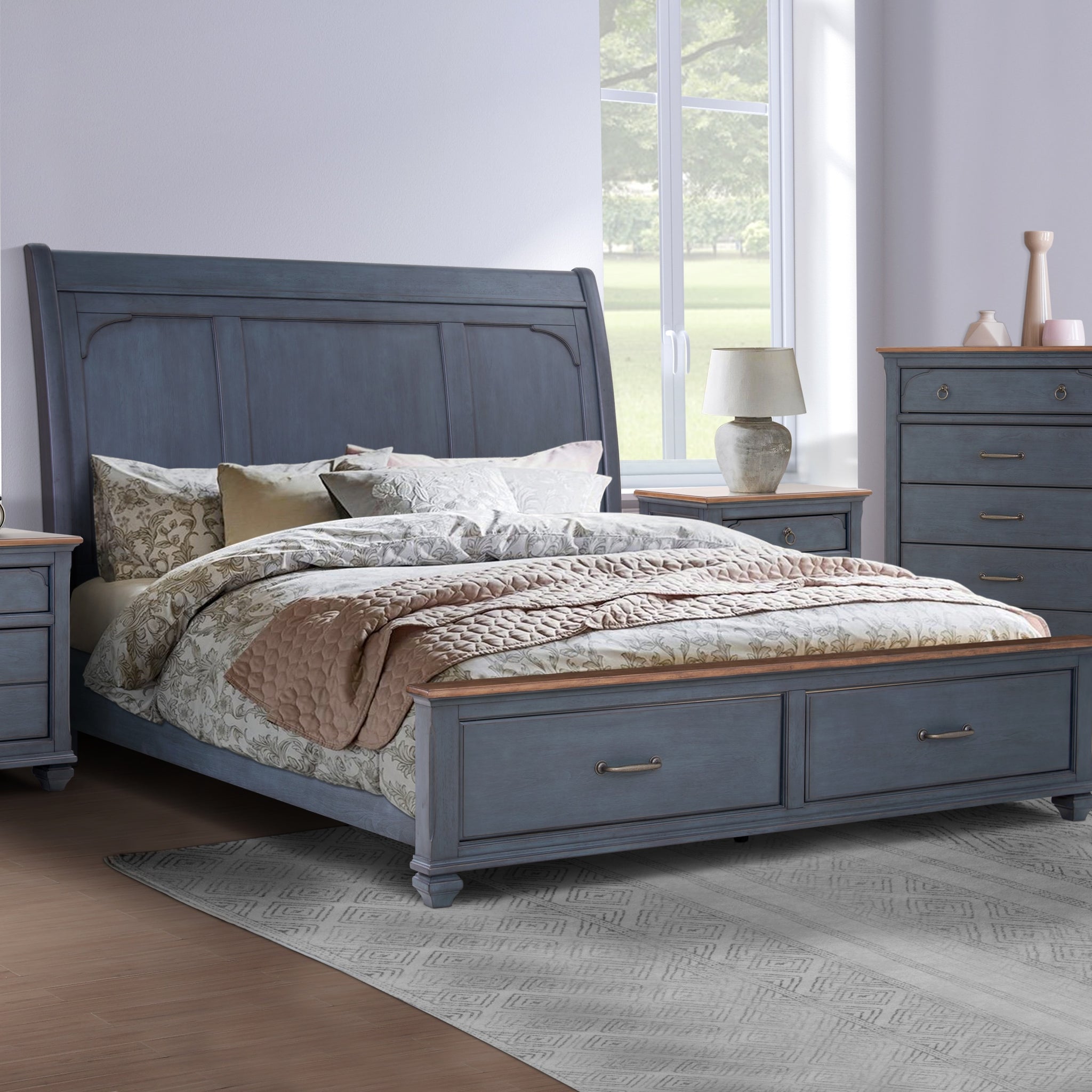 Americana King Size Sleigh Bed, Corduroy Blue Finish King Blue Rubberwood Rubber Wood