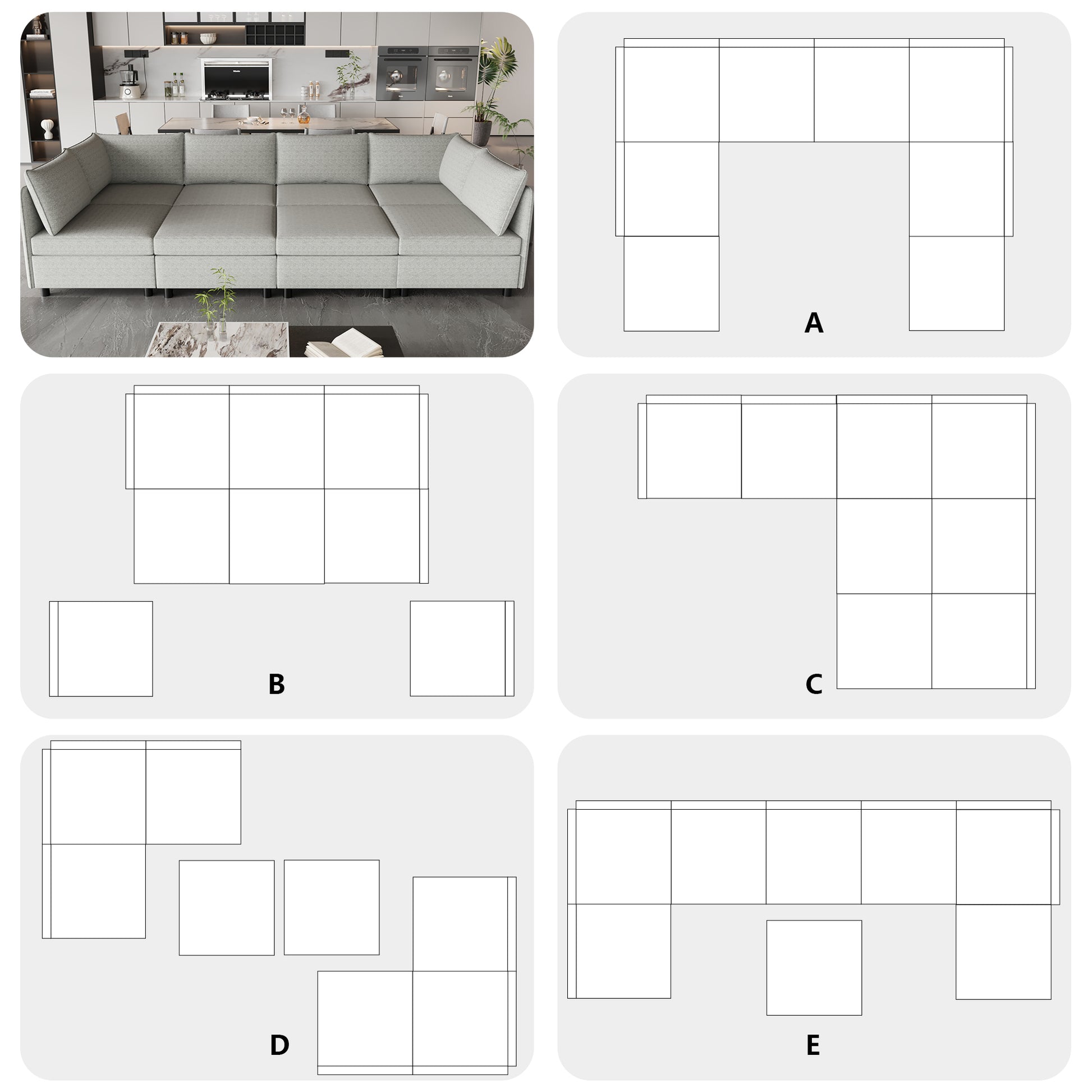 Modular Sectional Sofa, Convertible Sofa Seat With Storage, Sleeper Sectional Sofa Set, Fabric Flexible Modular Combinations For Living Room Grey Fabric 8 Seat