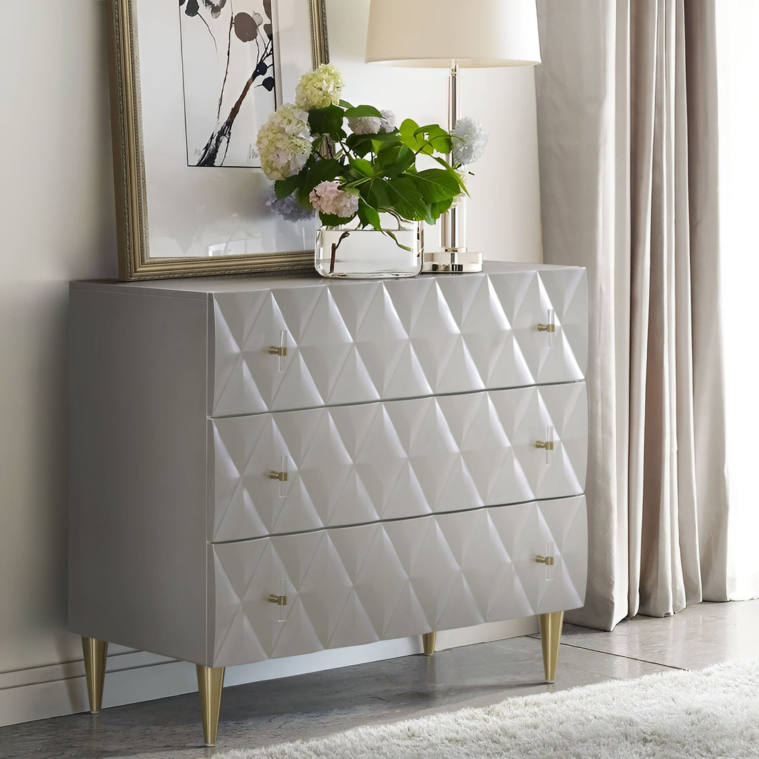 Metallic Silver And Champagne 3 Drawer Console Cabinet Freestanding 3 4 Drawers Champagne Primary Living Space Drawers Included Modern Wood Metal