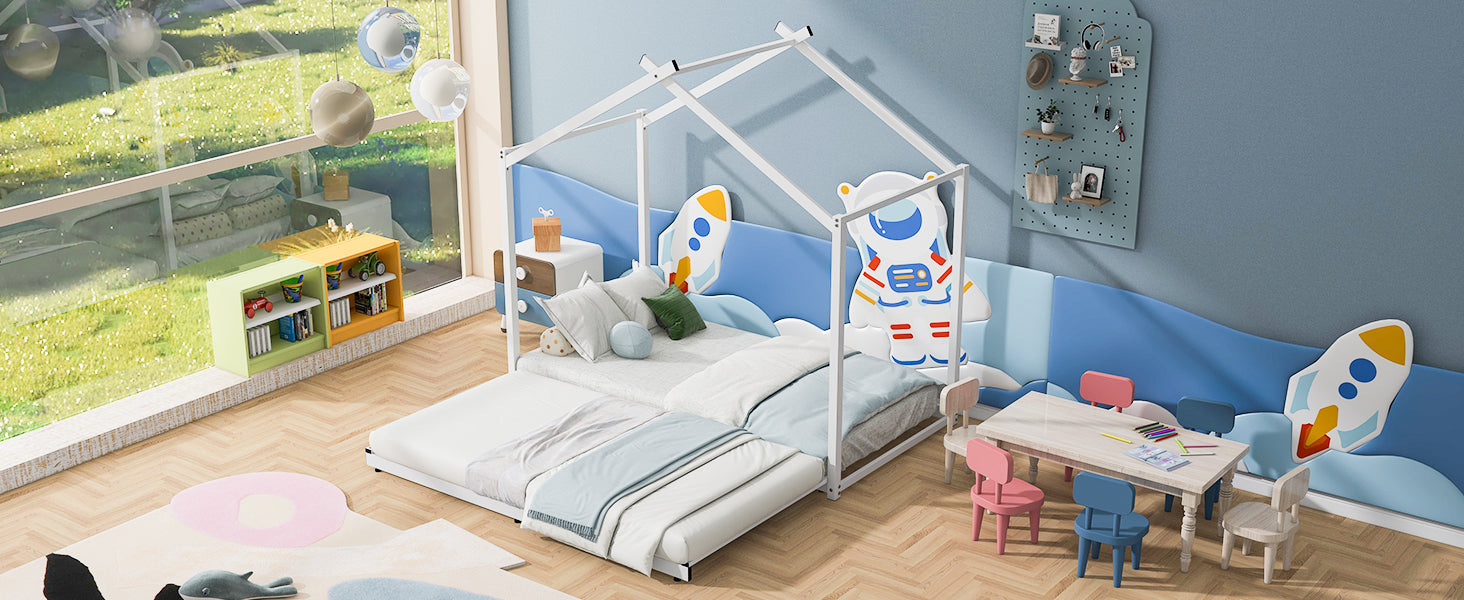 Metal Twin Size House Platform Bed With Trundle, White Box Spring Not Required Twin White Metal Bed Frame Metal
