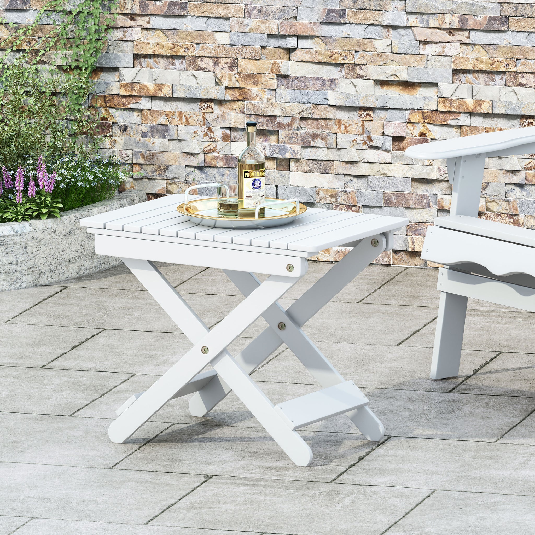 Outdoor Folding Wooden Side Table, White, 15"D X 22.75"W X 18.25"H White Acacia Wood