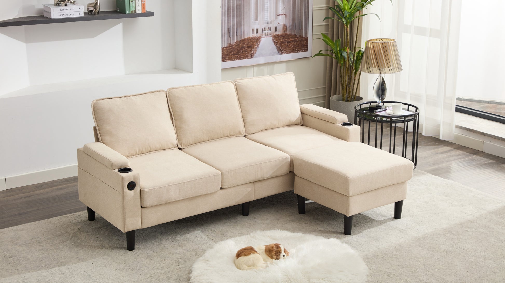 Beige Color Knock Down 3 Seat Combo Sofa With Storage Ottoman For Living Room Apartment Bedroom And Compact Room, Upholstered Sectional Couch, L Shaped Bench With A Footrest, A Individual Sto White Wood Primary Living Space Heavy Duty Pine 3 Seat Beige