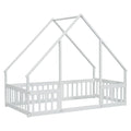 Twin Wood House Shaped Floor Bed With Fence, Guardrails ,White Twin White American Design Pine