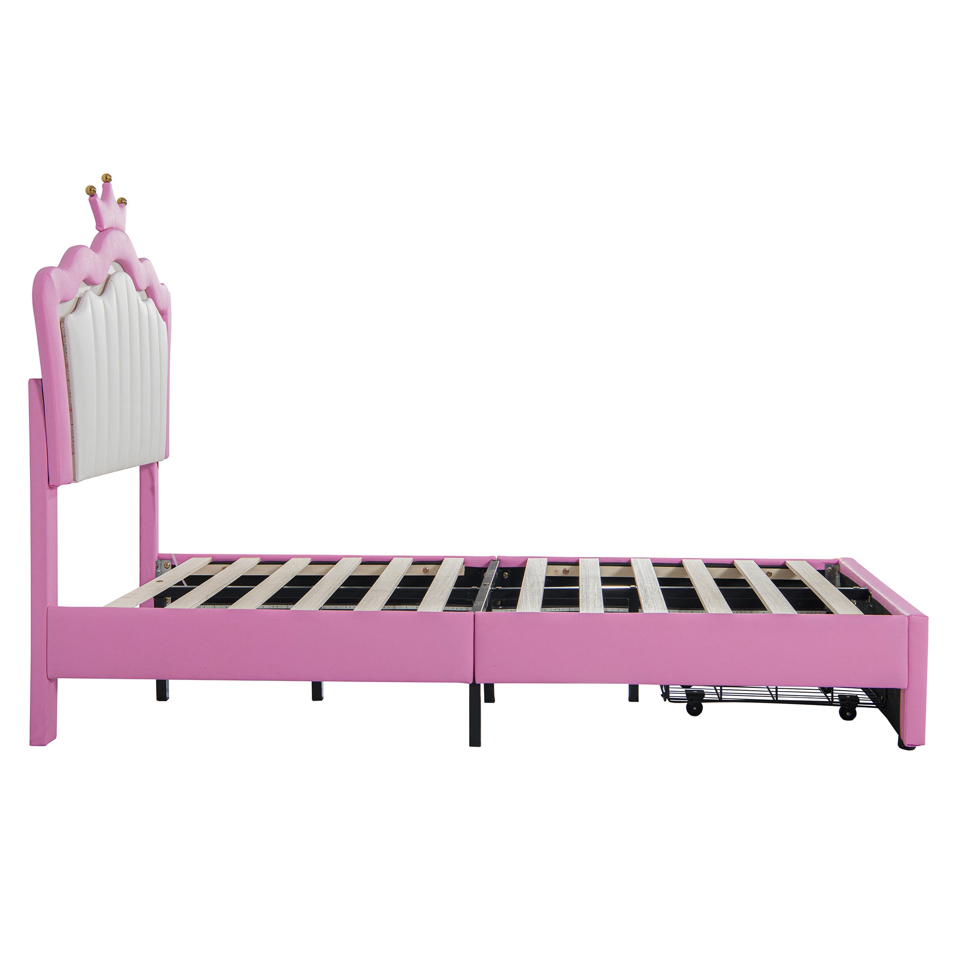 Twin Size Upholstered Bed Frame With Led Lights, Modern Upholstered Princess Bed With Crown Headboard, A Drawer, Pink White Box Spring Not Required Twin Pink White Wood Bedroom Modern Bed Frame Pu