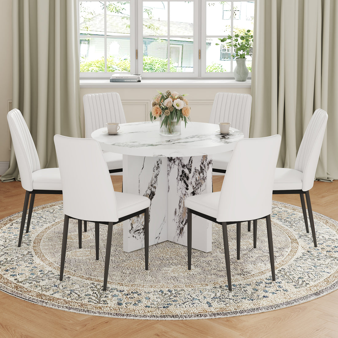 7 Piece Round Dining Table Set, 42 Inch Modern Round Table And 6 Upholstered Chairs For Dining Room, Kitchen Room, Living Room, Easy Assembly Metal White 42 Inches Modern Trestle Round Mdf Mdf