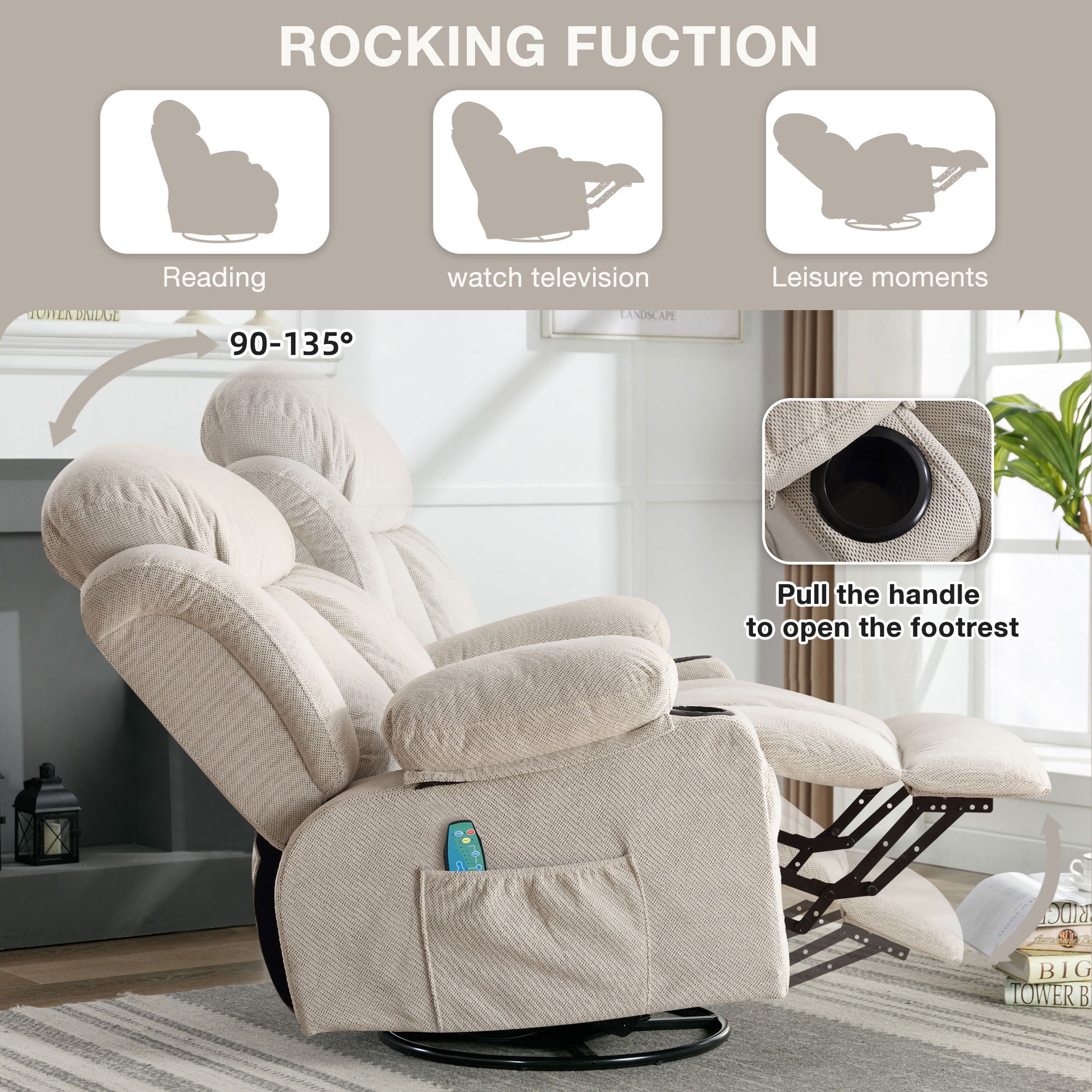 Swinging Recliner Massage Heated Sofa, With Usb And 2 Cup Holders In Side Pockets, Packagea B Beige Beige Velvet Manual Handle Soft Heavy Duty Metal & Wood