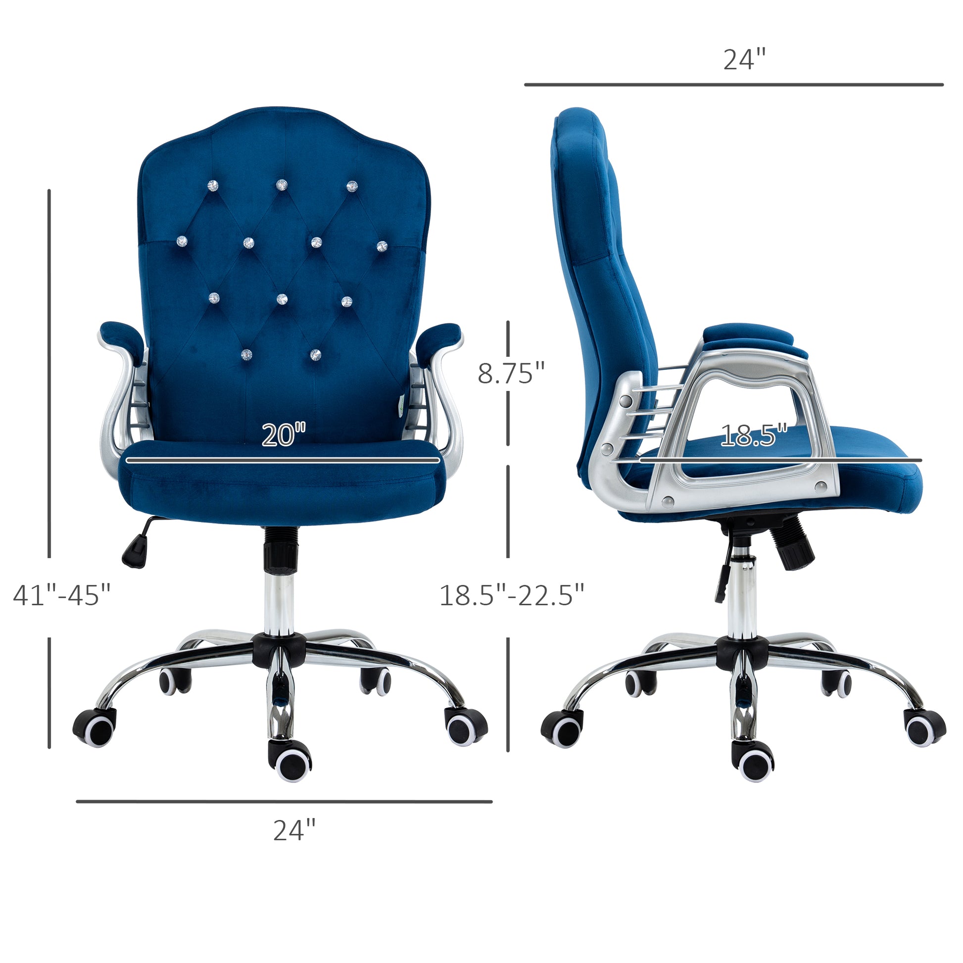 Vinsetto Home Office Chair, Velvet Computer Chair, Button Tufted Desk Chair With Swivel Wheels, Adjustable Height, And Tilt Function, Blue Blue Polyester