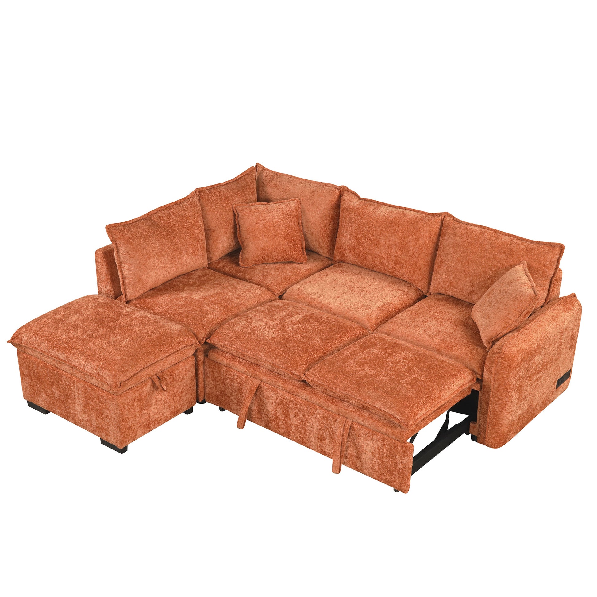 82.67"Convertible Sofa Bed Sectional Sofa Sleeper L Shaped Sofa With A Storage Ottoman,Two Pillows, Two Power Sockets And Two Usb Ports For Living Room, Orange Orange Foam Chenille 4 Seat