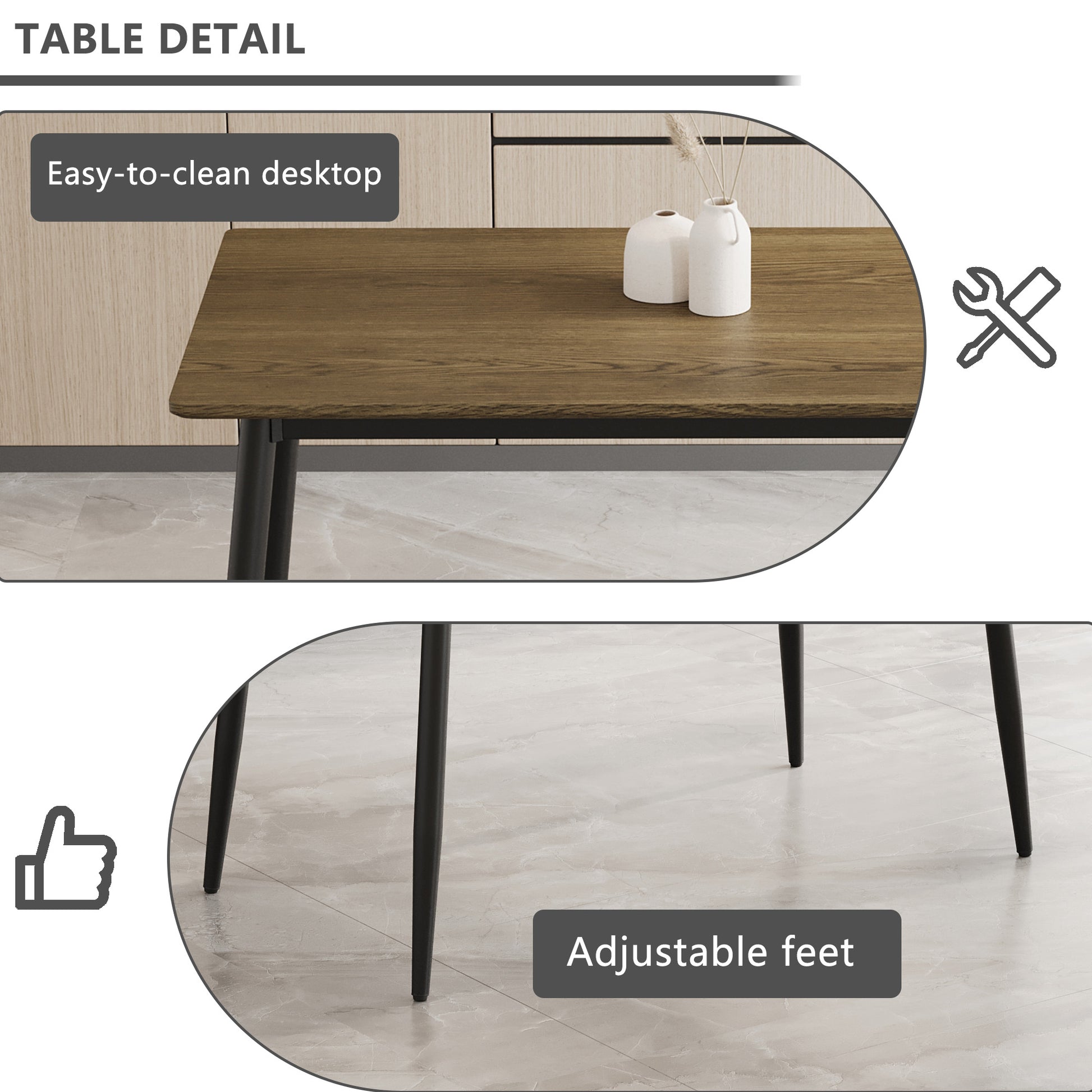 Modern Minimalist Wood Grain Tabletop Dining Table, Stylish Dining Table, Kitchen Dining Table, Sturdy And Durable, Easy To Assemble, Black Metal Leg Design, Suitable For 4 6 People, Suitable For