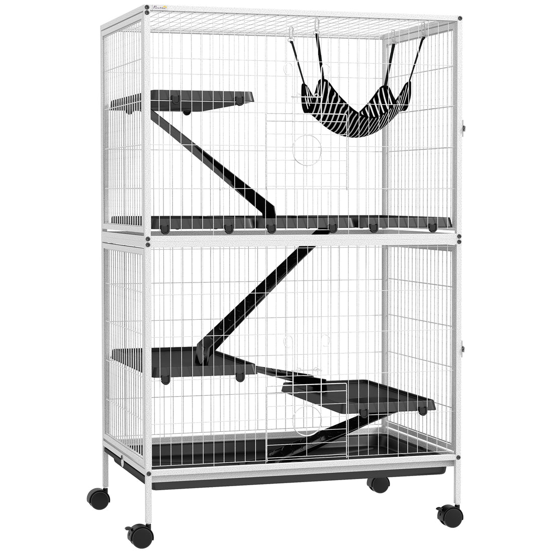 Pawhut 50" H 5 Tier Small Animal Cage, Ferret Cage, Large Chinchilla Cage With Hammock Accessory Heavy Duty Steel Wire, Small Animal Habitat With 4 Doors, Removable Tray, White White Steel