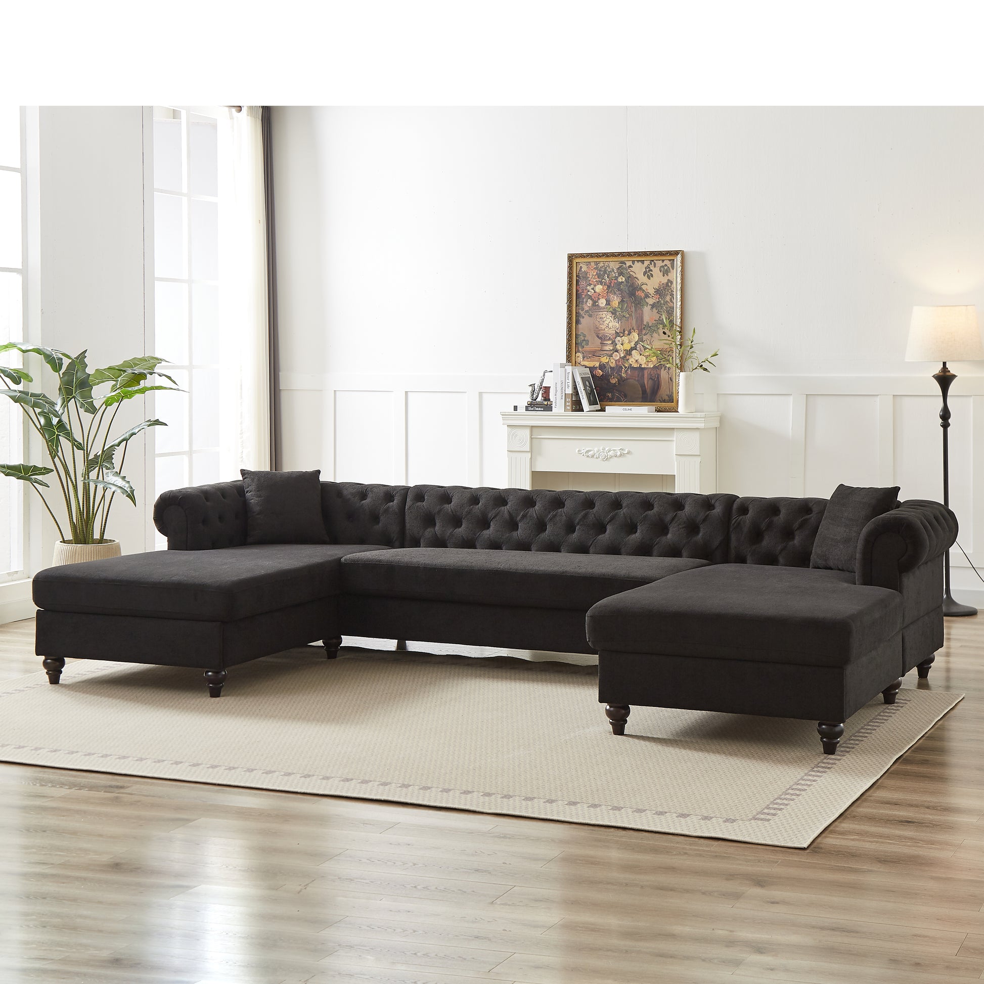 135.5 Inch Modern Style Chenille Three Piece Sofa, Pull Point Design U Shaped Sofa Two Chaise Longue Seats, Two Pillows And Wooden Feet, Suitable For Living Room, Bedroom, Lounge And Projection Room