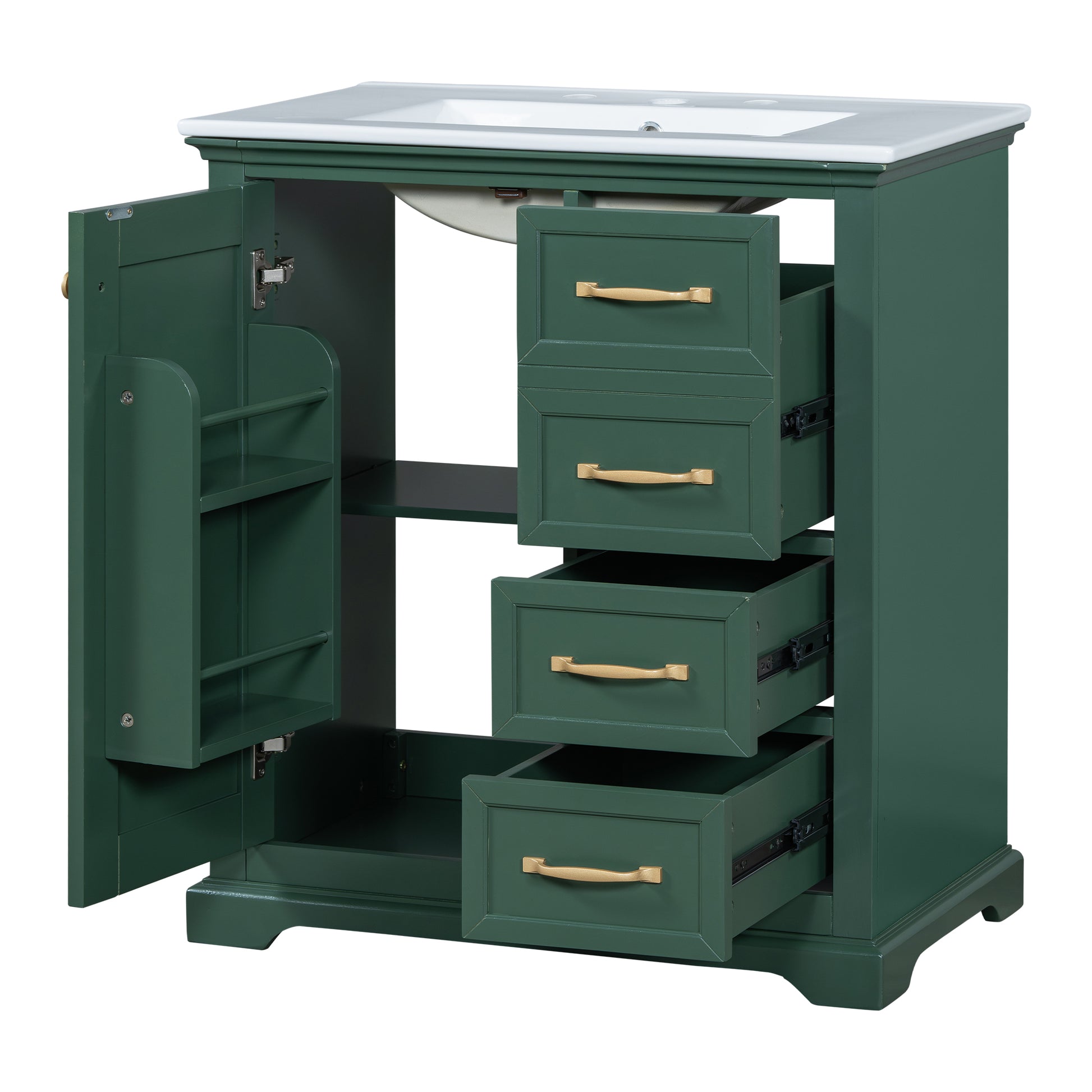 30" Bathroom Vanity With Sink, One Package, Green Bathroom Cabinet With Drawers, Solid Frame And Mdf Board Green Solid Wood Mdf