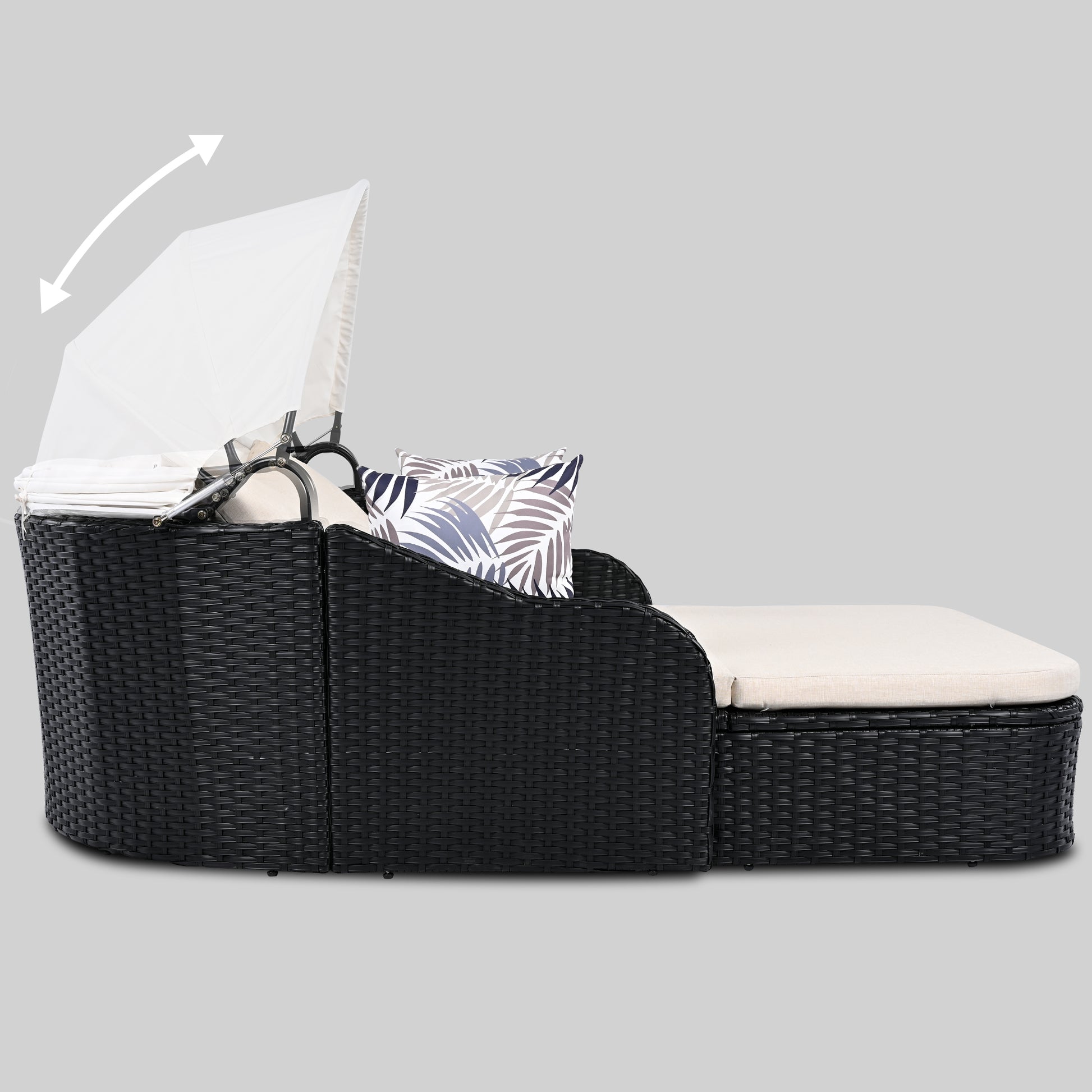 79.9" Outdoor Sunbed With Adjustable Canopy, Double Lounge, Pe Rattan Daybed, Black Wicker And Beige Cushion Yes Beige Black Wicker