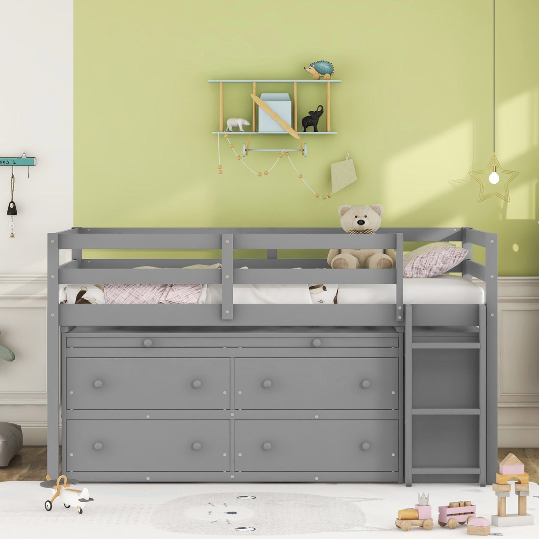 Twin Size Loft Bed With Retractable Writing Desk And 4 Drawers, Wooden Loft Bed With Lateral Portable Desk And Shelves, Gray Gray Solid Wood Mdf