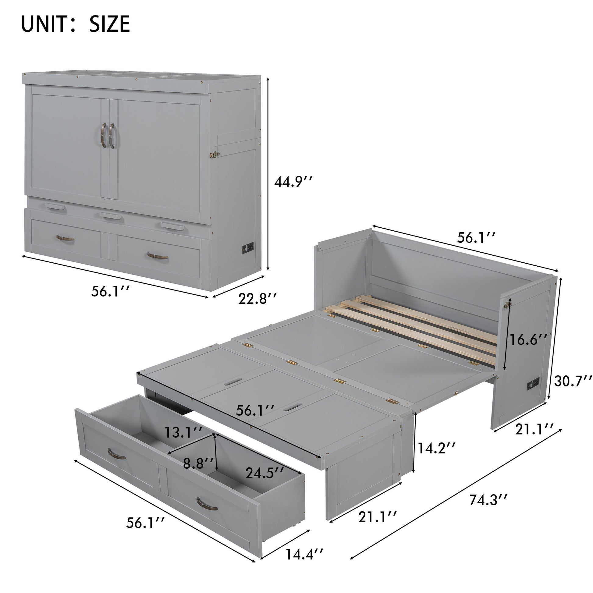 Full Size Murphy Bed With Usb Ports, Large Drawers And Metal Handles,Gray Full Gray Solid Wood Mdf