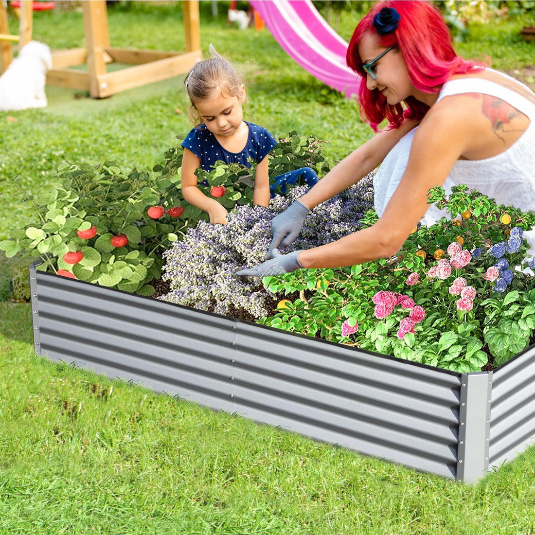 8X4X1.5 Ft Galvanized Raised Garden Bed, Outdoor Planter Garden Boxes Large Metal Planter Box For Gardening Vegetables Fruits Flowers, Silver Silver Garden & Outdoor Steel