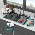 Gunmetal Black Drop In Waterfall Kitchen Sink 33*22 Inch Single Bowl 16 Gauge Stainless Steel Ledge Workstation Kitchen Sinks With Pull Out Faucet & Cup Washer Gunmetal Black Stainless Steel