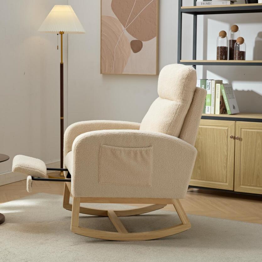 Modern Accent Rocking Chair Rocking Chair With Solid Wood Legs, Upholstered Nursery Glider Rocker, Comfy Armchair With Side Pocket, Living Room Lounge Arm Chair With High Backrest Teddy Beige Rubber Wood,Teddy