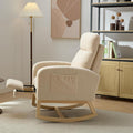 Modern Accent Rocking Chair Rocking Chair With Solid Wood Legs, Upholstered Nursery Glider Rocker, Comfy Armchair With Side Pocket, Living Room Lounge Arm Chair With High Backrest Teddy Beige