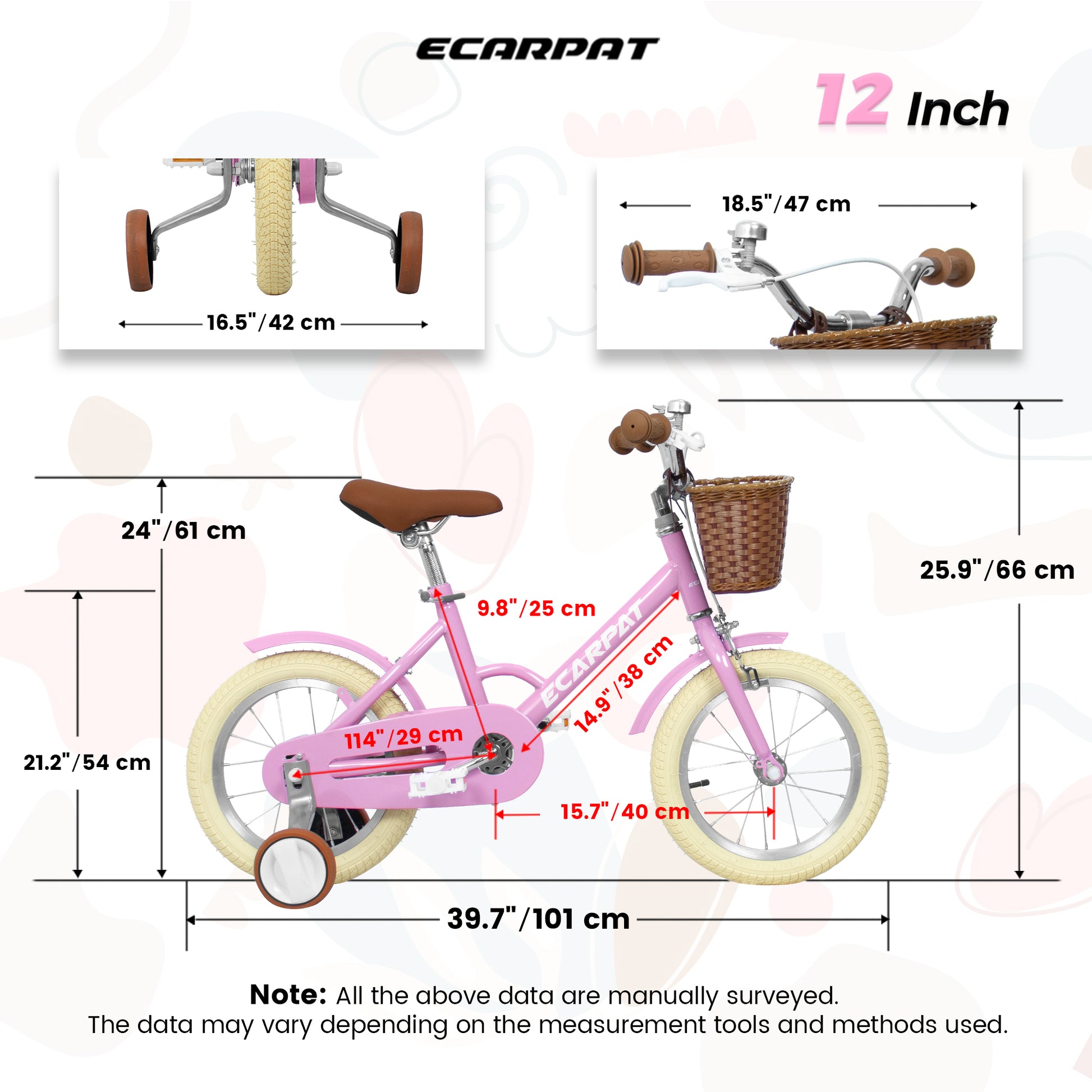 A12116 Ecarpat Kids'Bike Girls Bike 12 Inch Wheels,1 Speed Child Bicycles For 2 3 Years,With Removable Training Wheels Baby Toys,Front V Brake,Rear Holding Brake Pink Steel