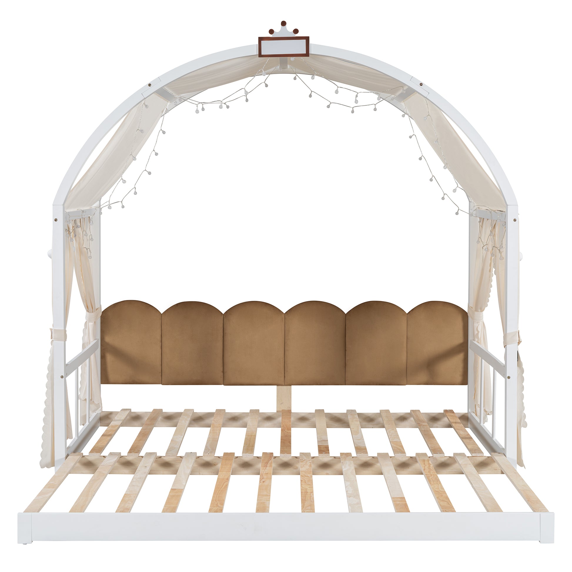 Twin Size Extended Bed With Arched Roof And Trundle, White Twin White Plywood