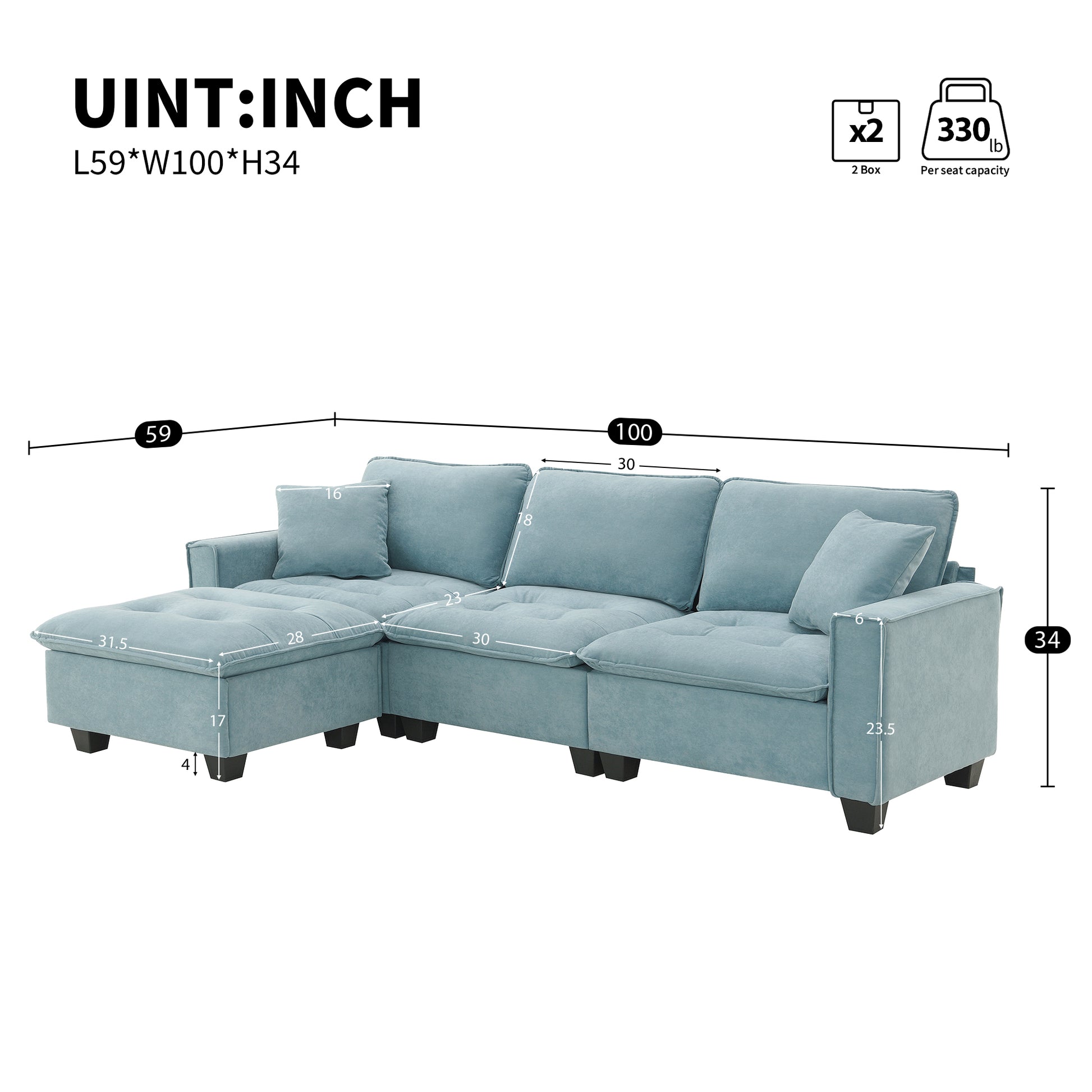 100*59" Modern Convertible Sectional Sofa,L Shaped Reversible Couch Set With Free Pillows,4 Seat Suede Velvet Sleeper Sofa With Ottoman For Living Room,Apartment,Office,3 Colors Light Blue Suede 4 Seat