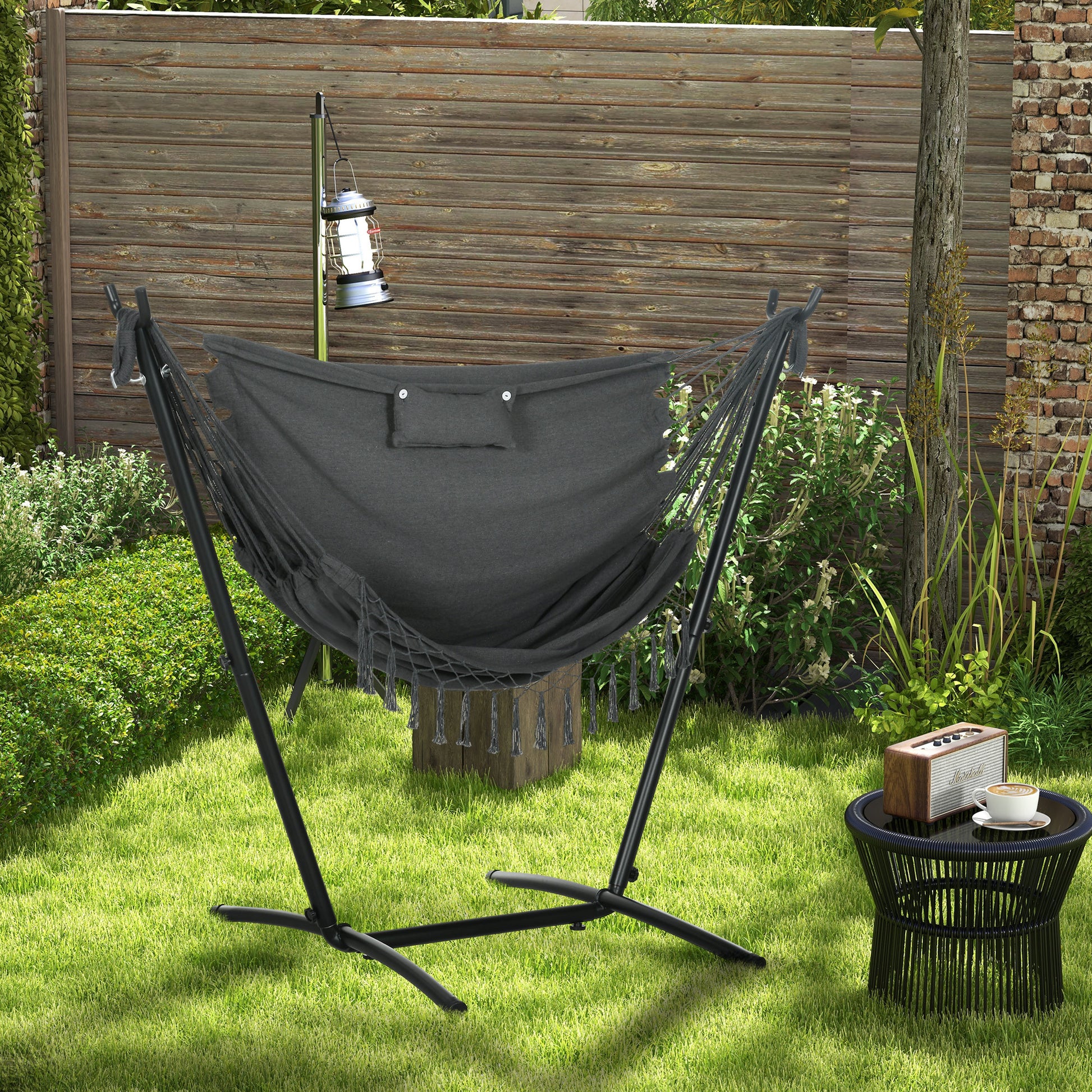 Outsunny Patio Hammock Chair With Stand, Outdoor Hammock Swing Hanging Lounge Chair With Side Pocket And Headrest, Dark Gray Gray Steel