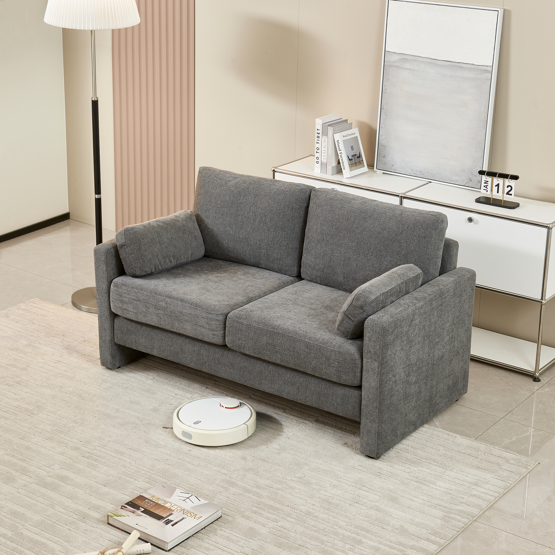 58.66" Small Modern Loveseat Sofa, Mid Century Chenille Fabric 2 Seat Couch Beautiful Seat With Back Cushions, Accent Sofa Couch For Living Room, Bedroom And Small Space Gray Wood Foam Chenille 2 Seat