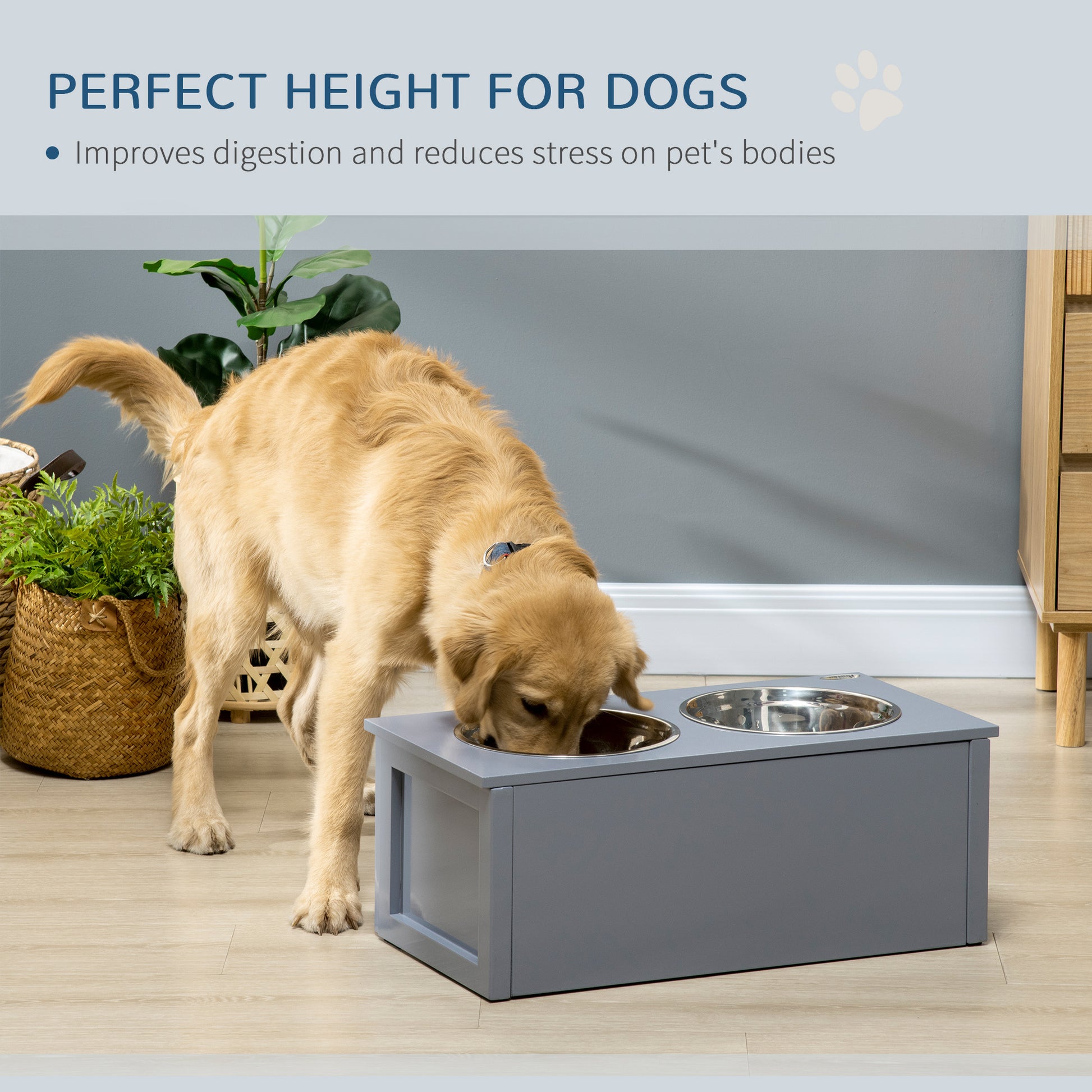 Pawhut Elevated Dog Bowls, Raised Dog Bowl Stand With Storage, 2 Stainless Steel Bowls, Pet Feeding Station For Medium Dogs, Indoor Use, 23.6" X 11.8" X 9.4", Gray Grey Stainless Steel