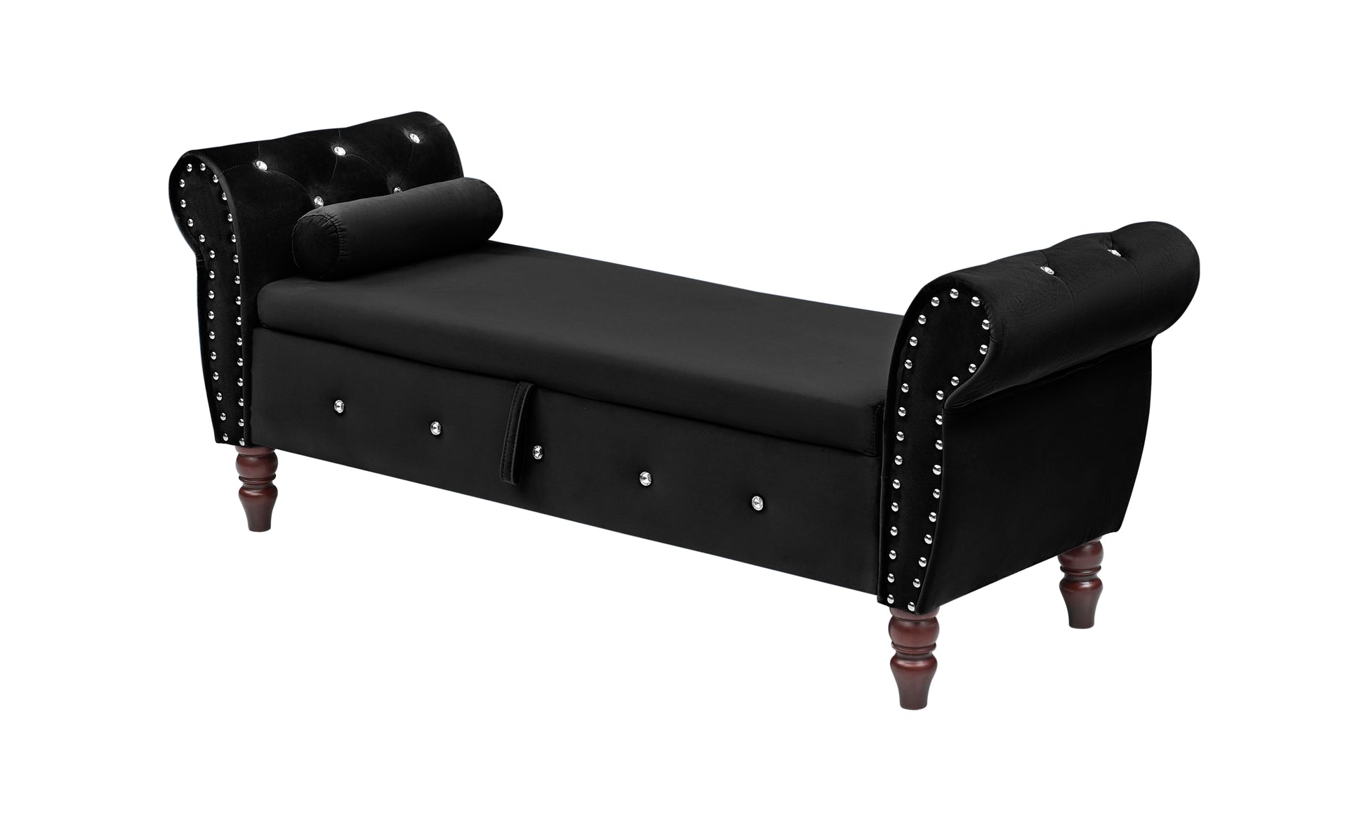 63.38"Velvet Multifunctional Storage Rectangular Ottoman Bench Comes With Crystal Buckle Solid Wood Legs With 1 Pillow,Black Black Velvet